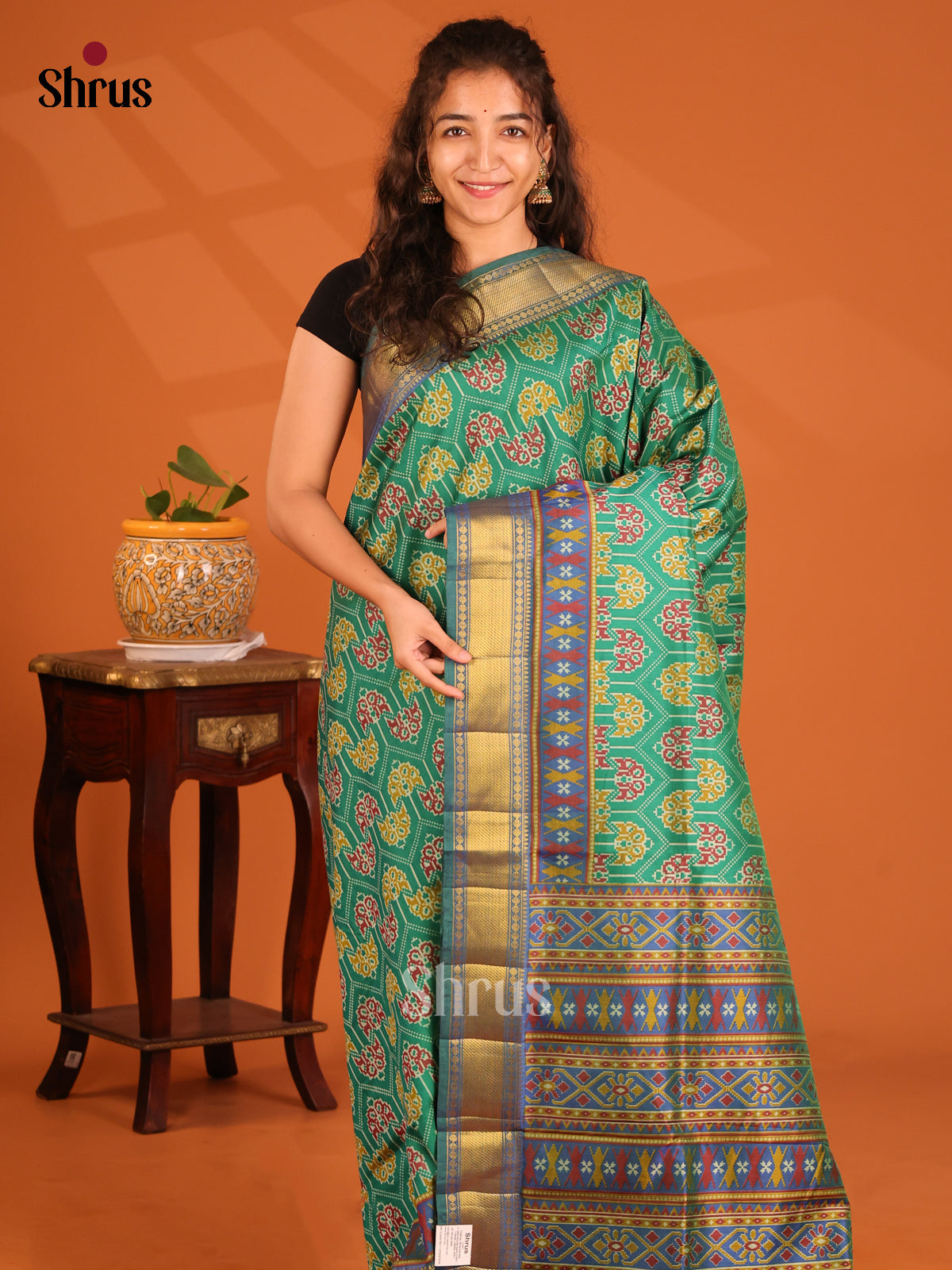Green with Blue- Semi Patola Saree - Shop on Shrus.com