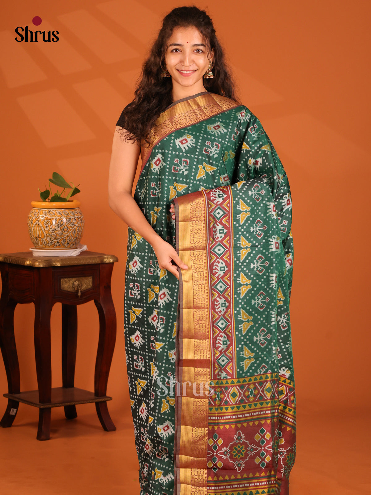 Green with Brown- Semi Patola Saree - Shop on Shrus.com