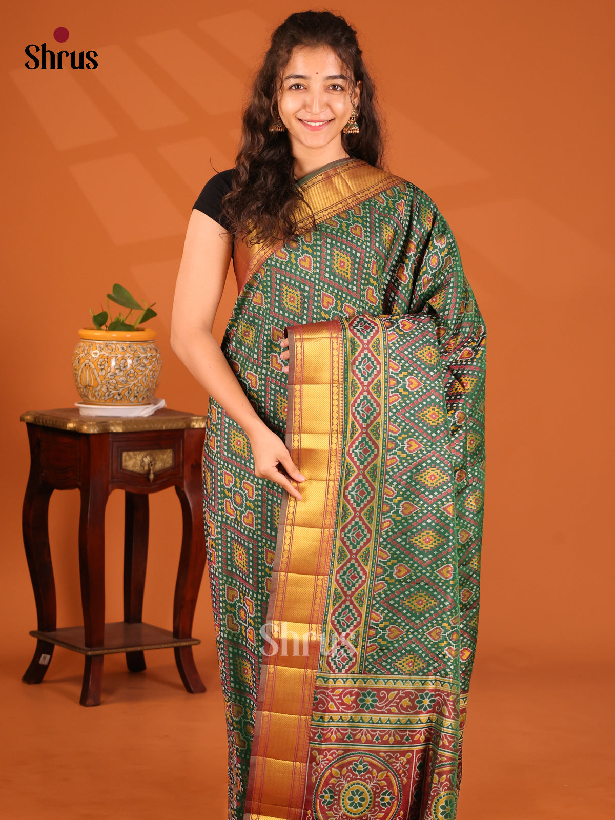 Green with Brown- Semi Patola Saree - Shop on Shrus.com