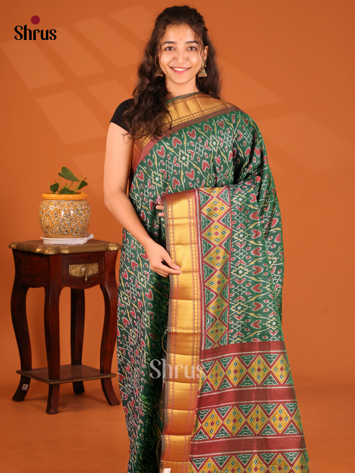 Green with Brown- Semi Patola Saree - Shop on Shrus.com