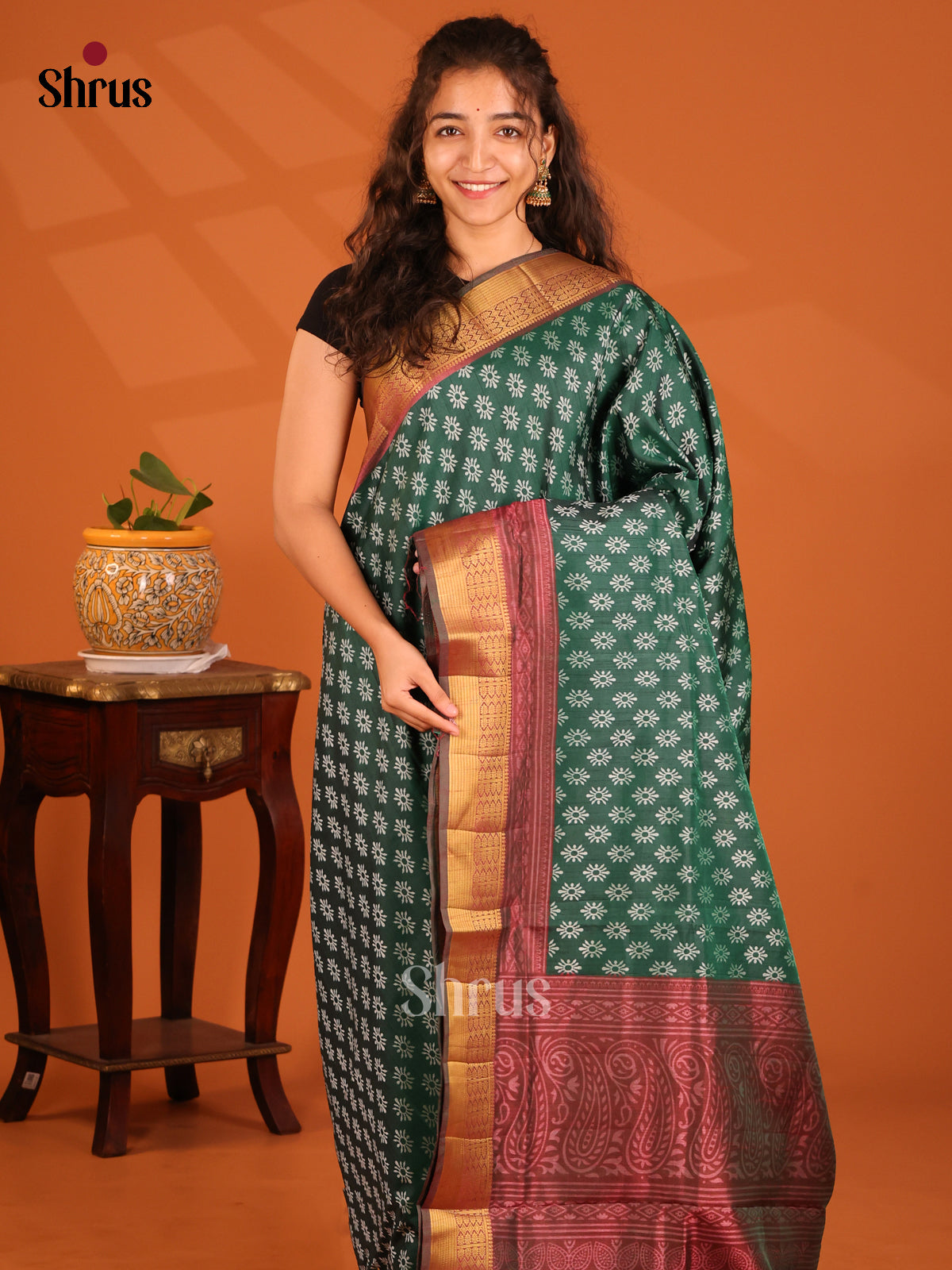 Green with Brown- Semi Patola Saree - Shop on Shrus.com