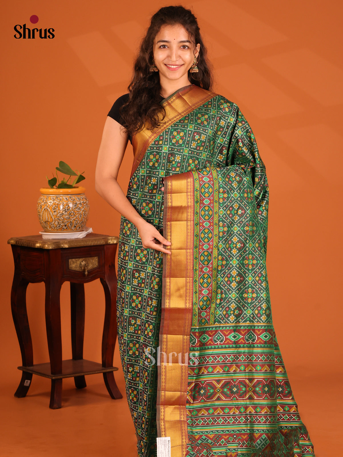 Green with Brown - Semi Patola Saree - Shop on Shrus.com