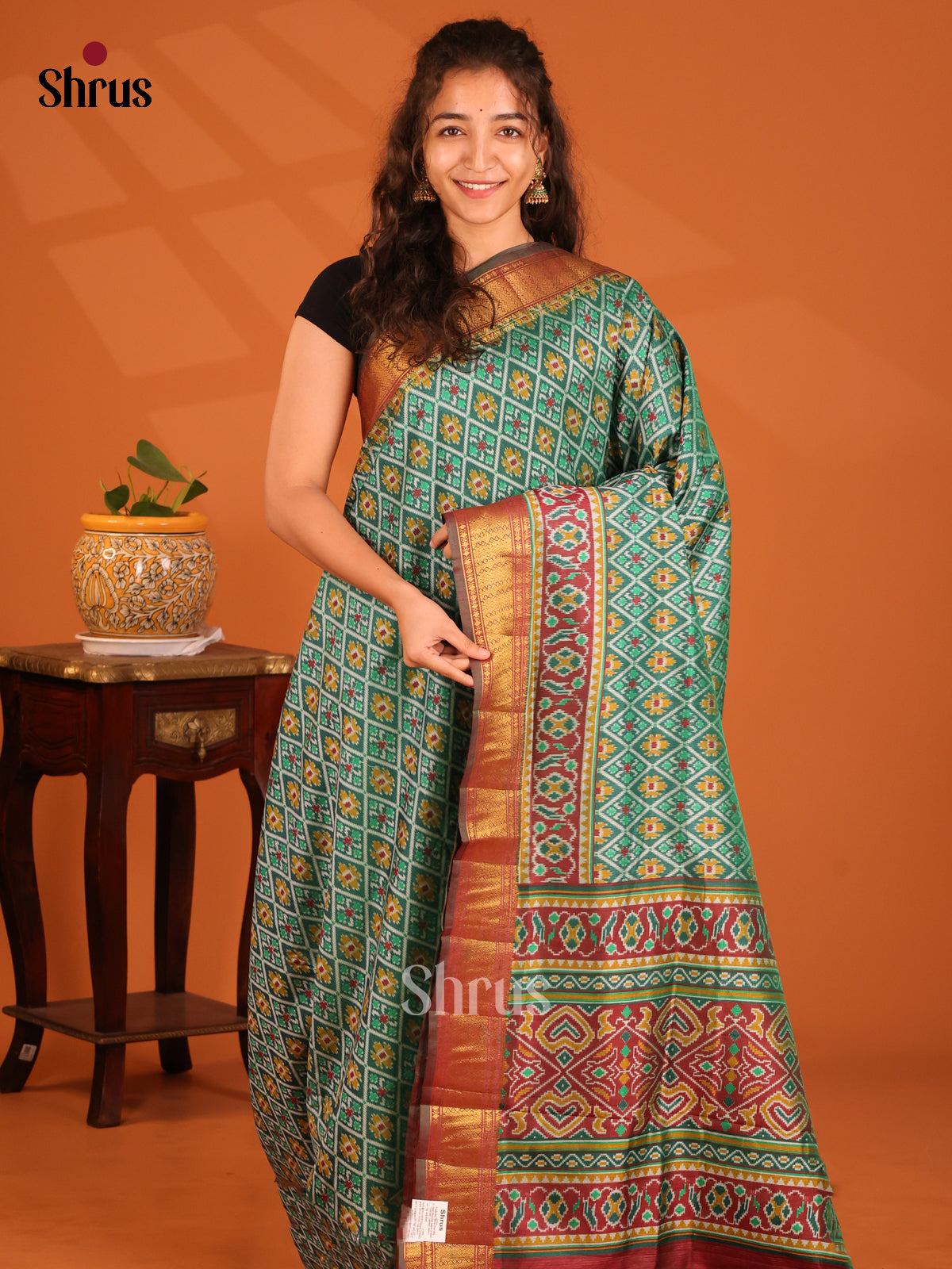 Green with Brown- Semi Patola Saree - Shop on Shrus.com