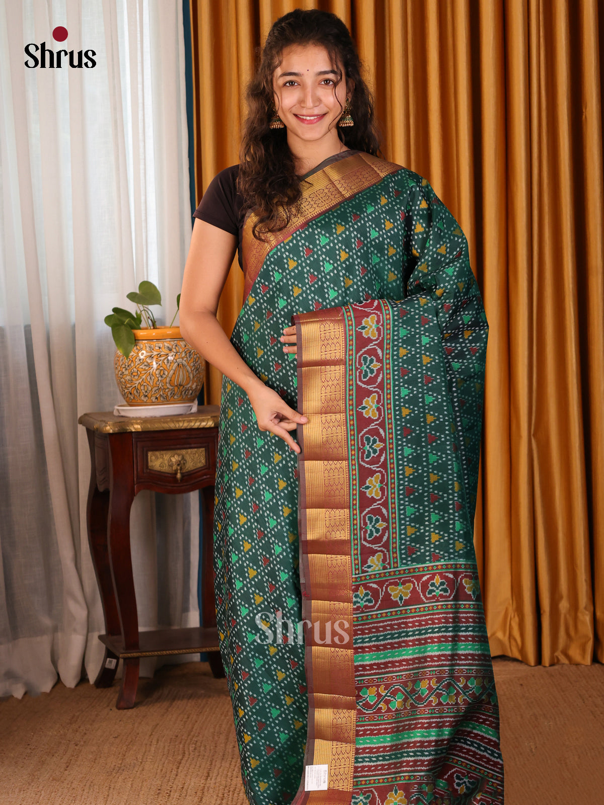 Green with Brown- Semi Patola Saree - Shop on Shrus.com