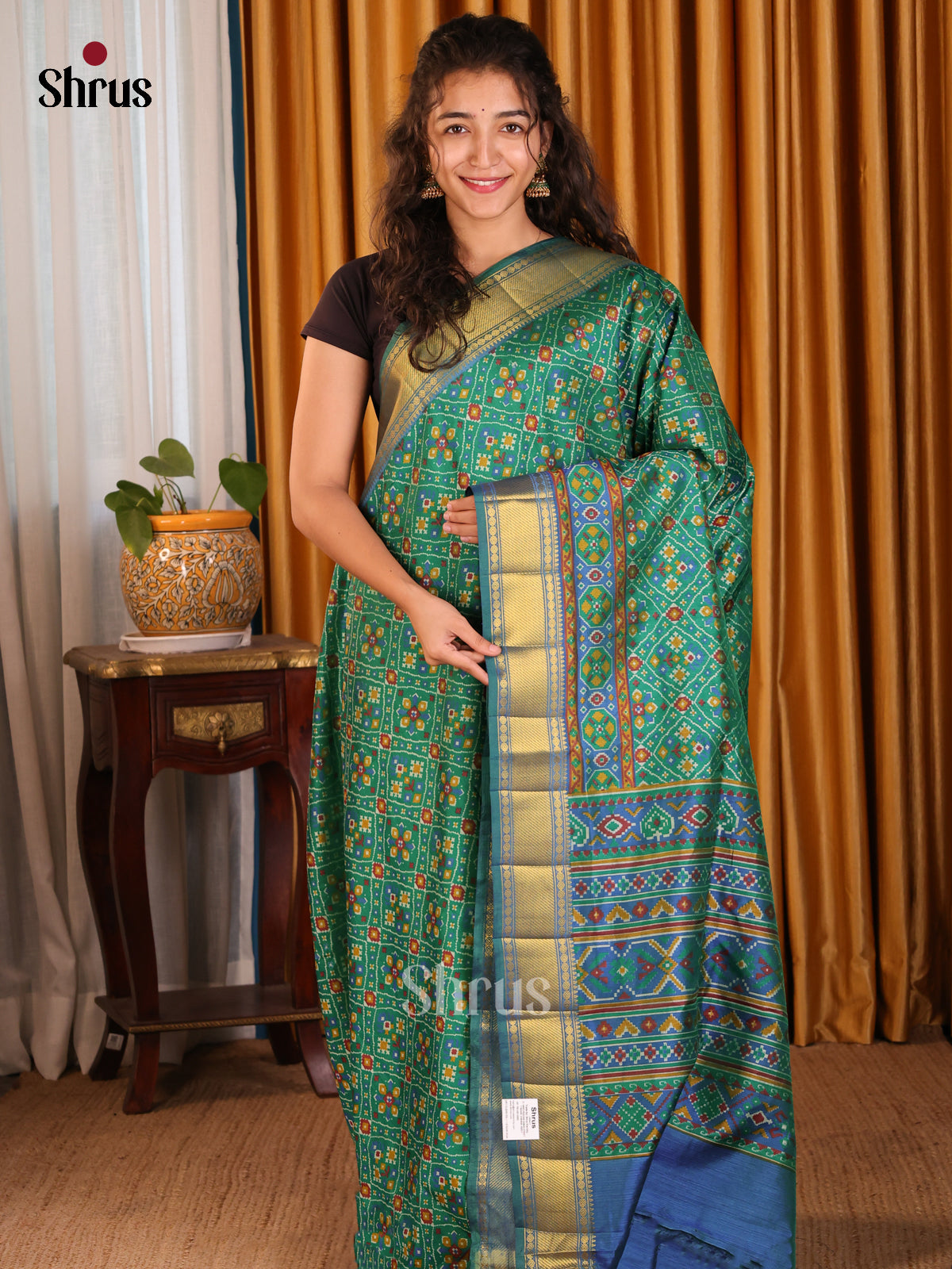 Green with Blue- Semi Patola Saree - Shop on Shrus.com