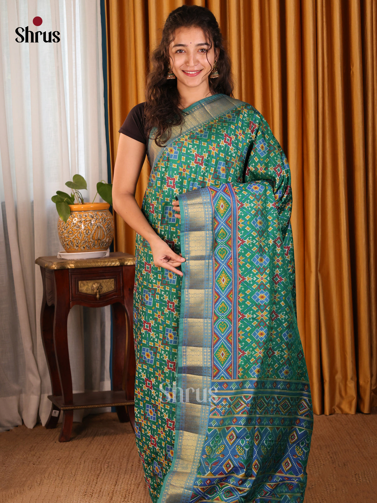 Green with Blue - Semi Patola Saree - Shop on Shrus.com