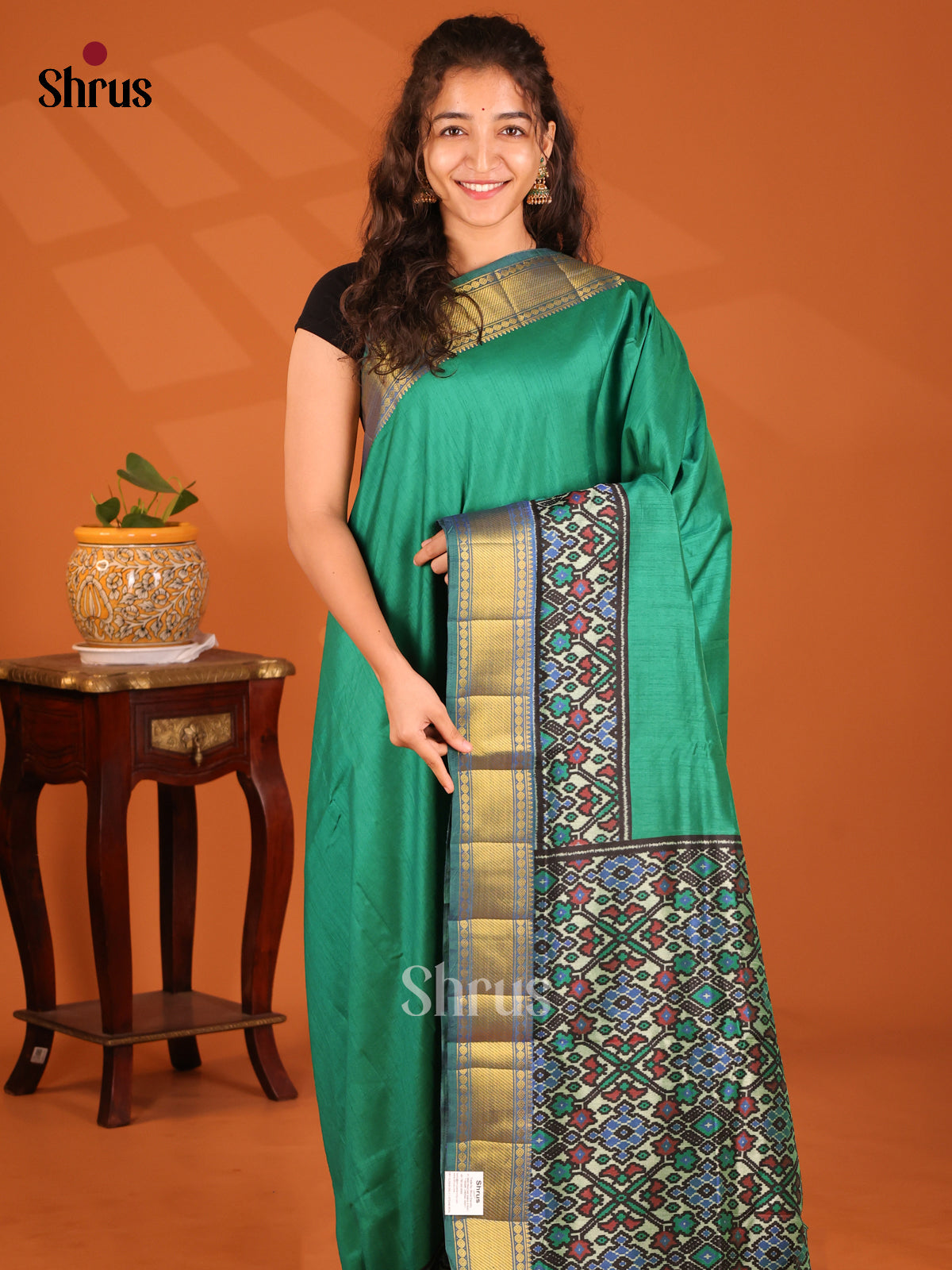 Green with Blue- Semi Patola Saree - Shop on Shrus.com
