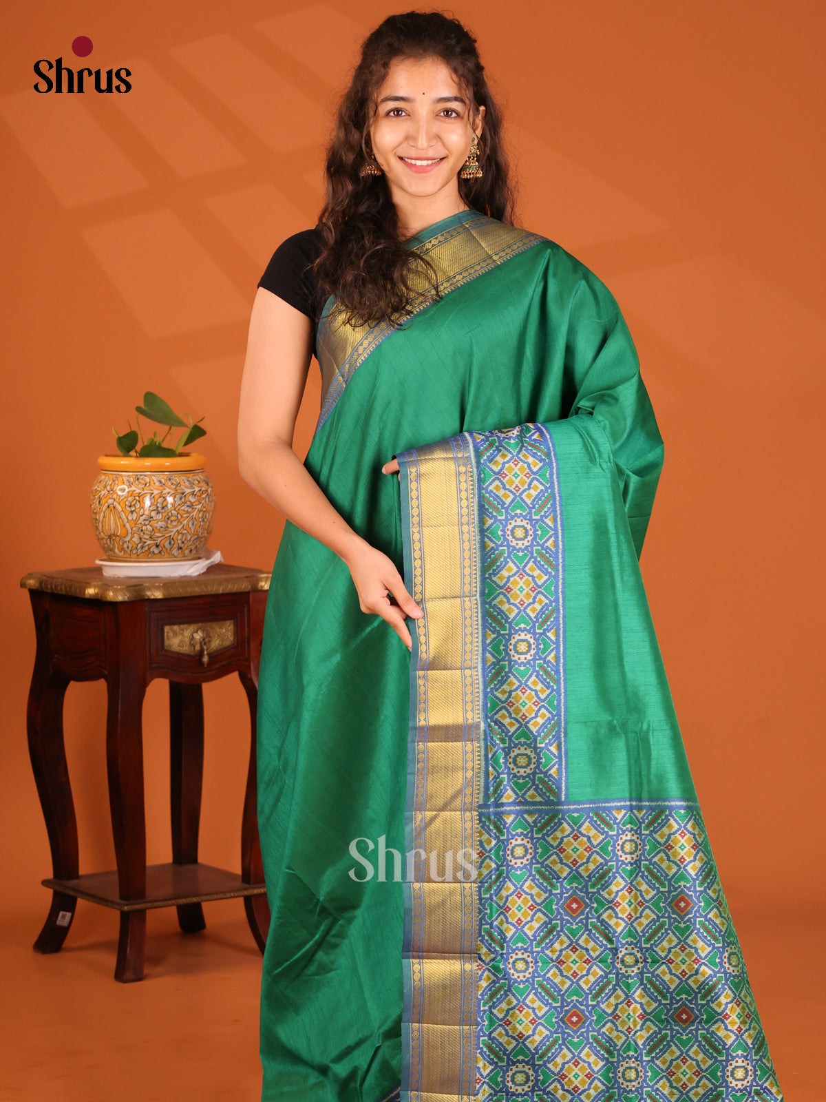 Green with Blue - Semi Patola Saree - Shop on Shrus.com
