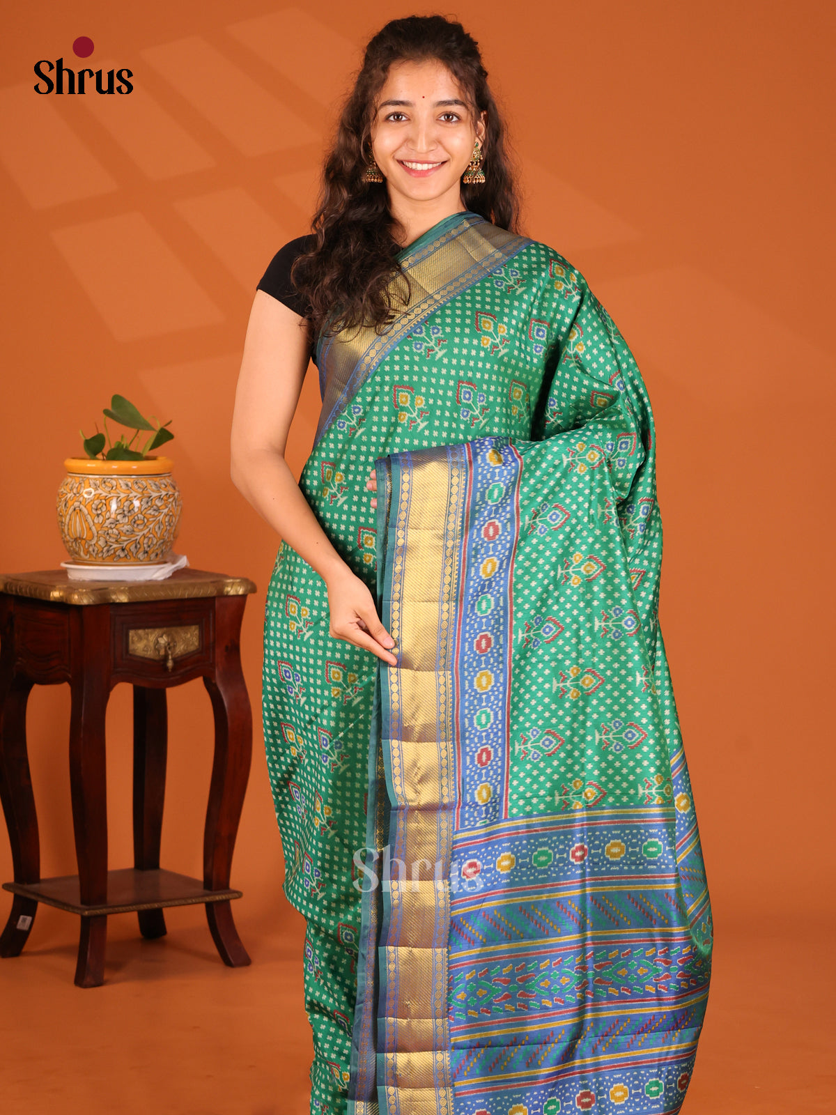 Green with Blue - Semi Patola Saree - Shop on Shrus.com