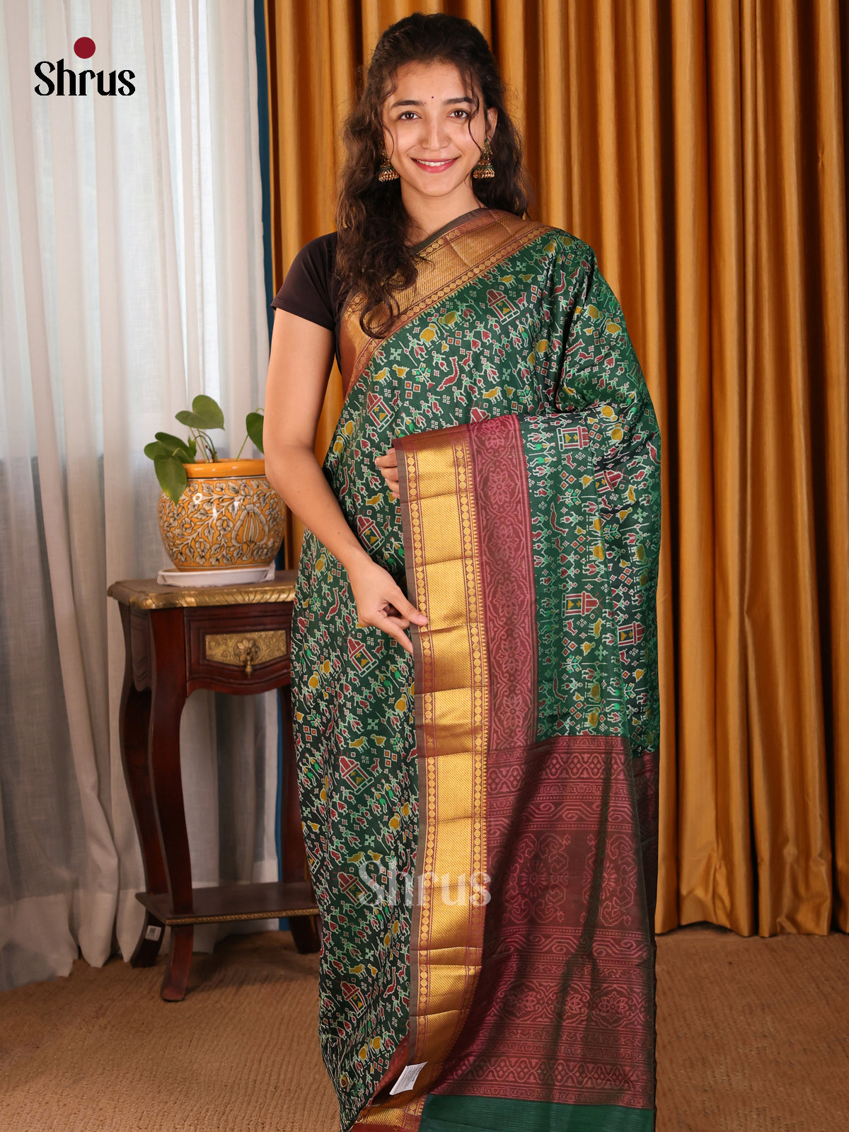 Green with Brown- Semi Patola Saree - Shop on Shrus.com