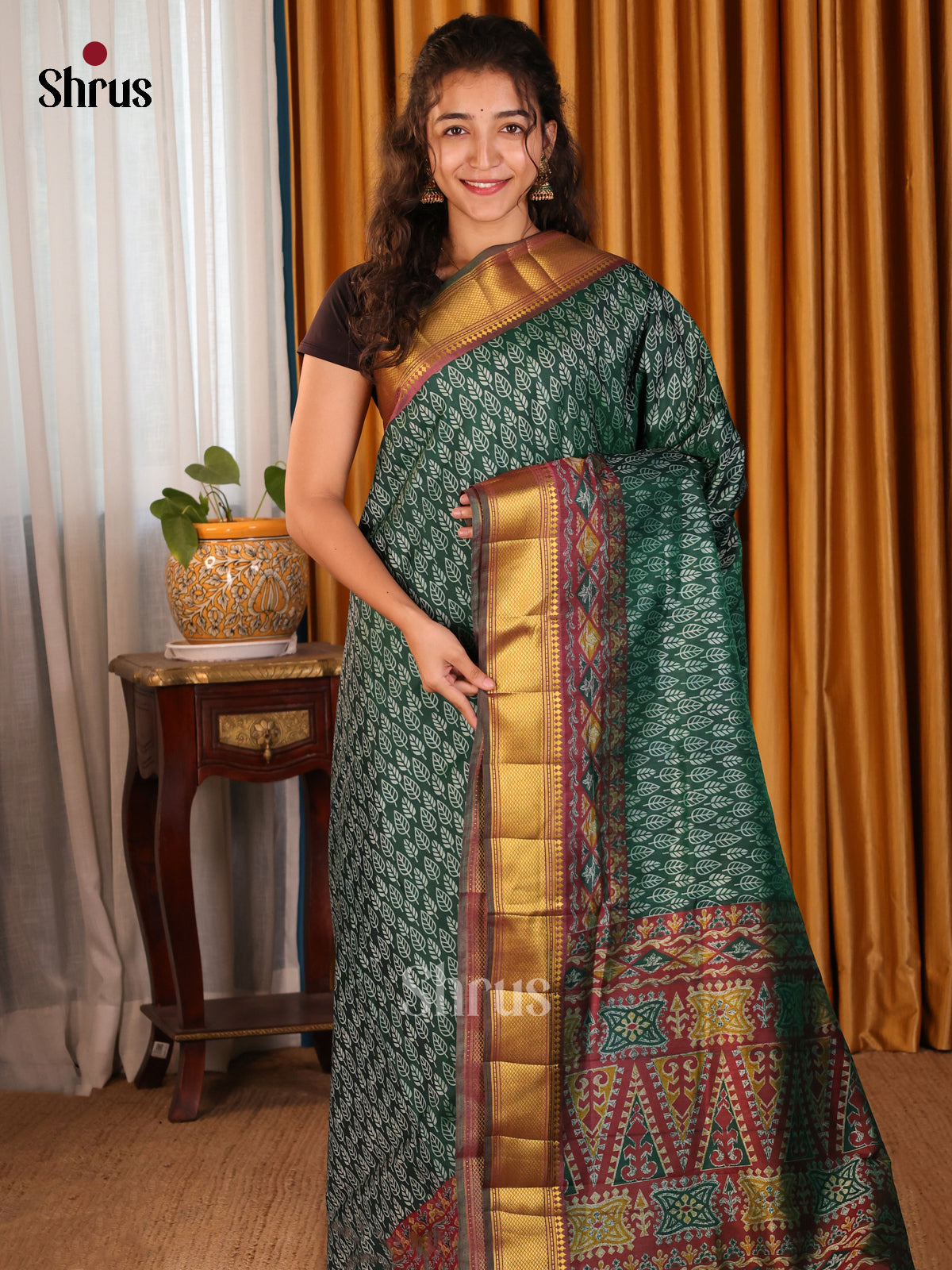 Green with Brown - Semi Patola Saree - Shop on Shrus.com