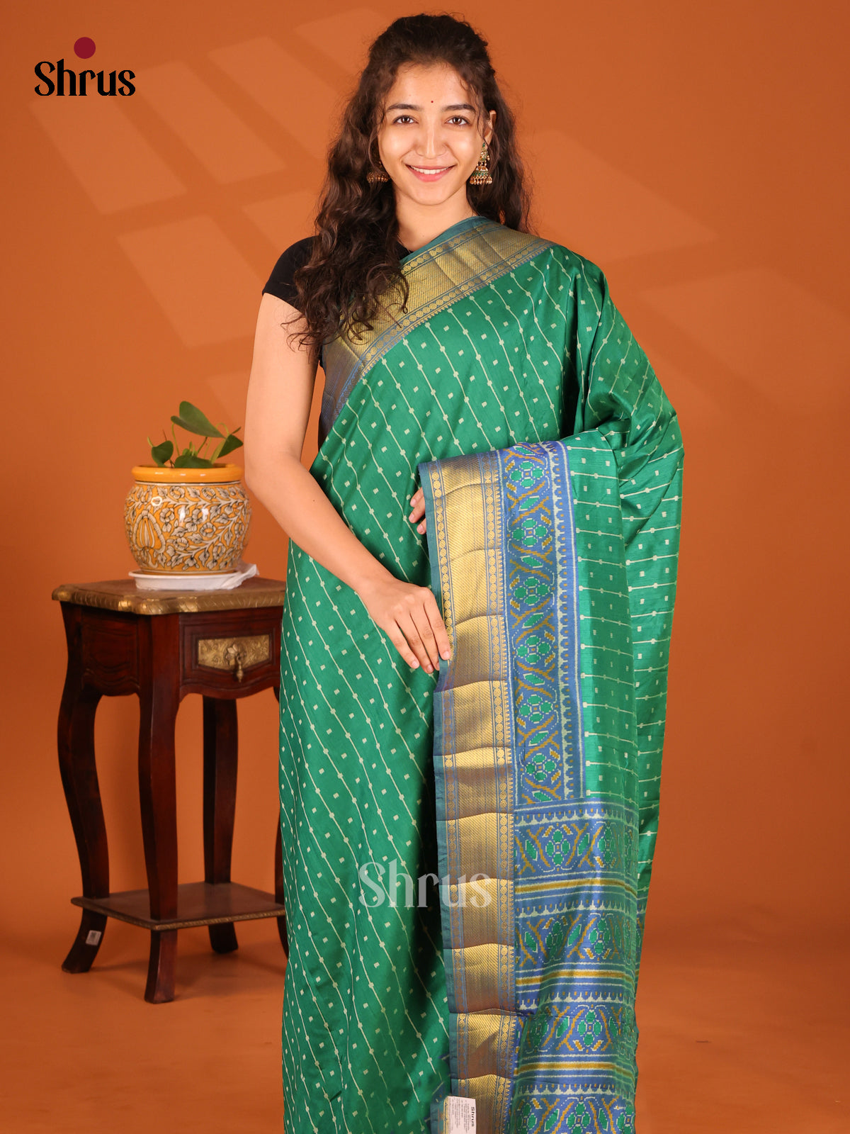 Green with Blue - Semi Patola Saree - Shop on Shrus.com