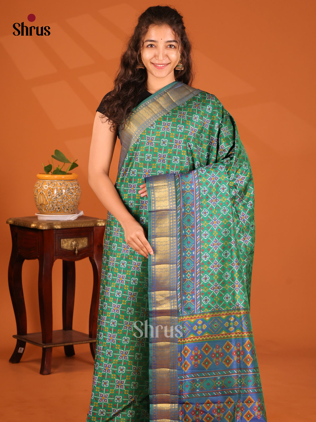 Green & Blue- Semi Patola Saree - Shop on Shrus.com