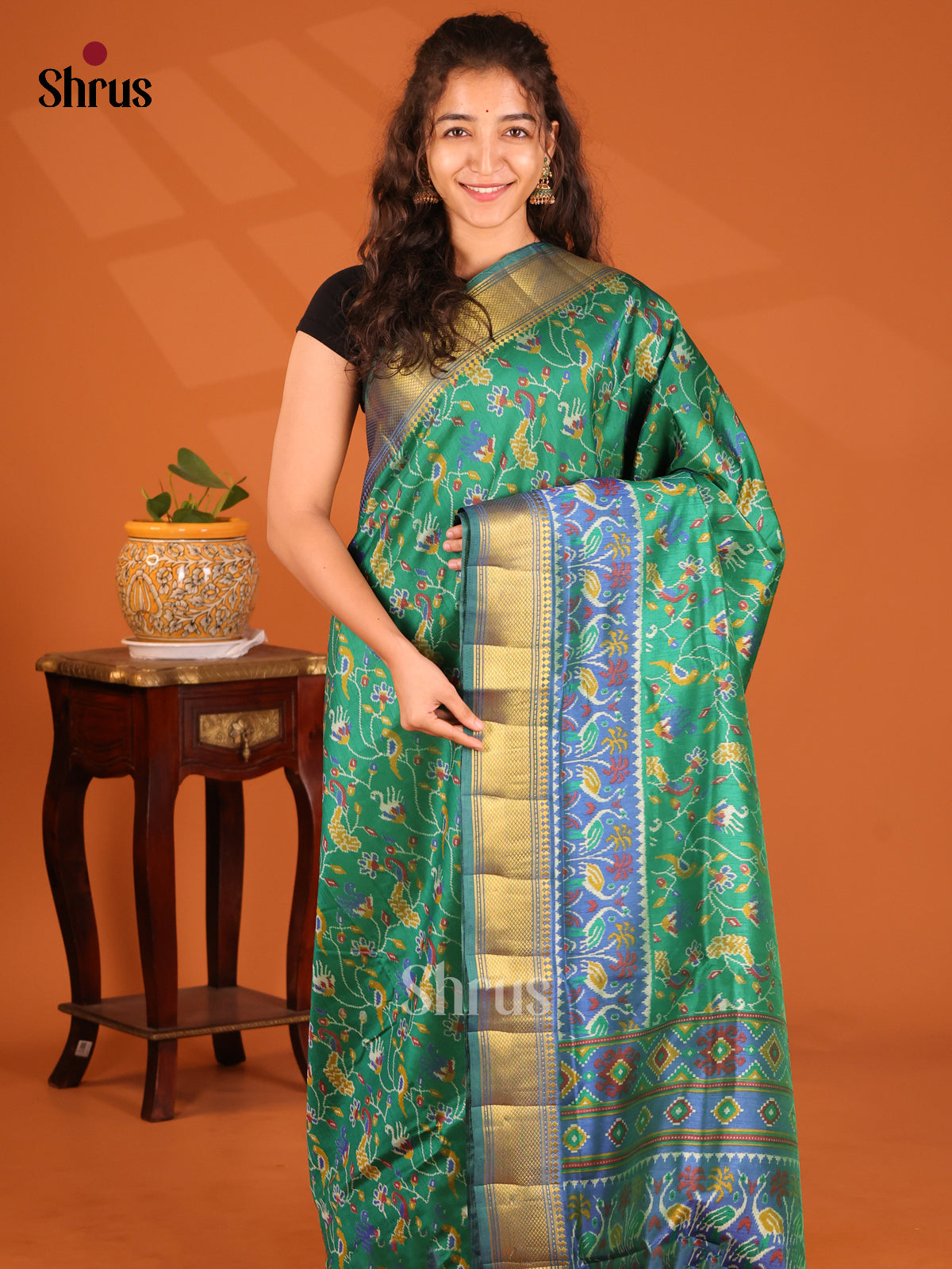 Green with Blue - Semi Patola Saree - Shop on Shrus.com