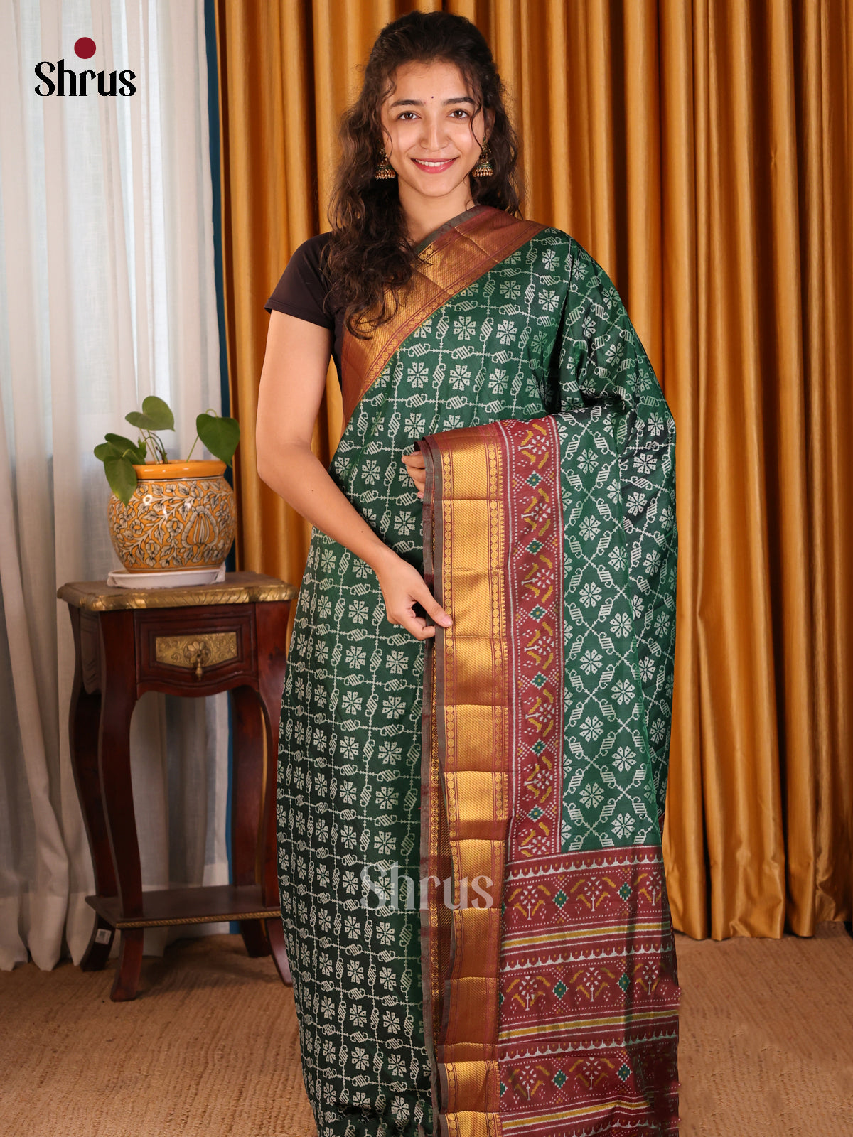 Green & Brown- Semi Patola Saree - Shop on Shrus.com