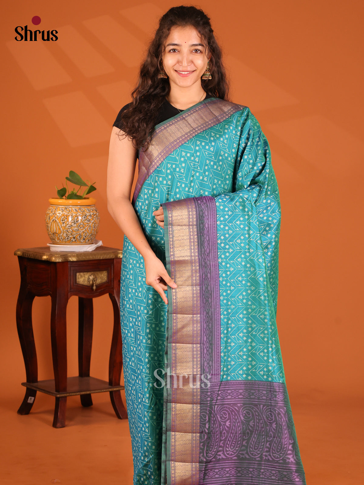 Teal with Purple- Semi Patola Saree - Shop on Shrus.com