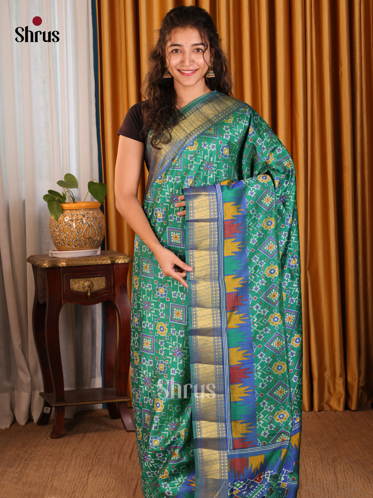 Green with Blue- Semi Patola Saree - Shop on Shrus.com