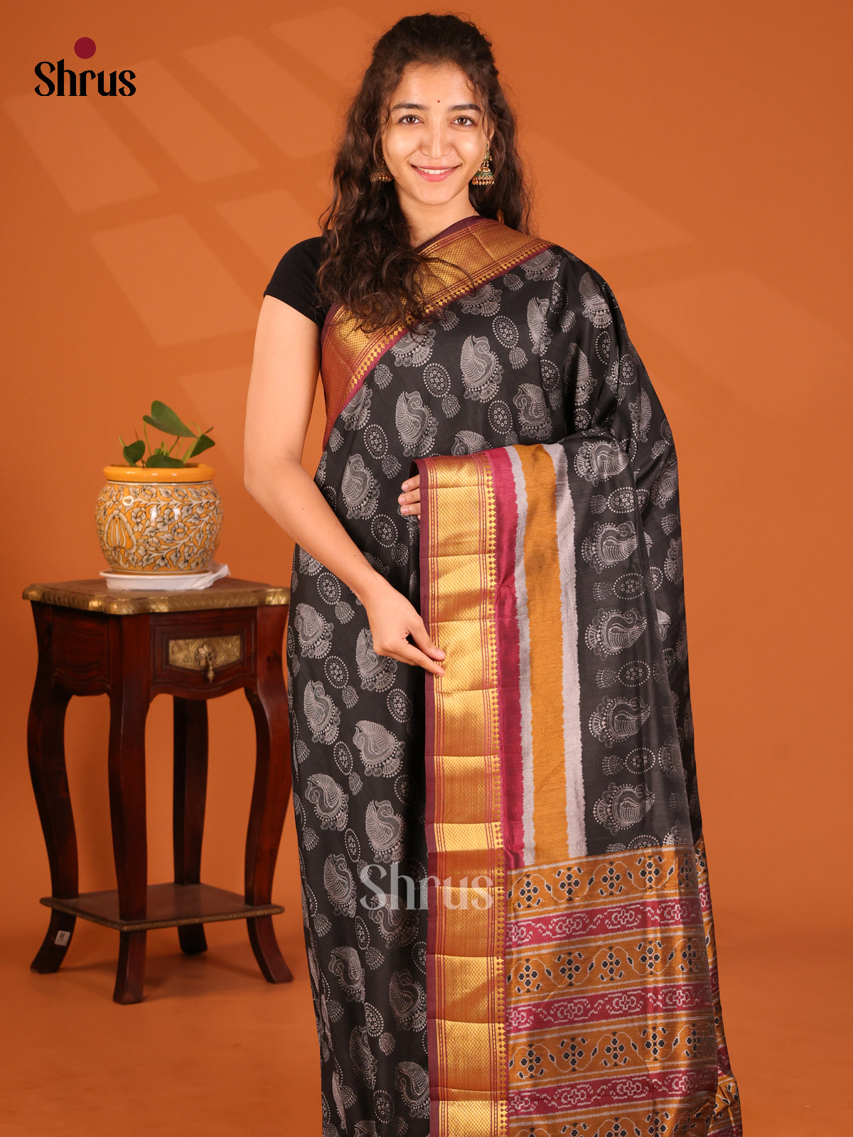 Black & Maroon- Semi Patola Saree - Shop on Shrus.com