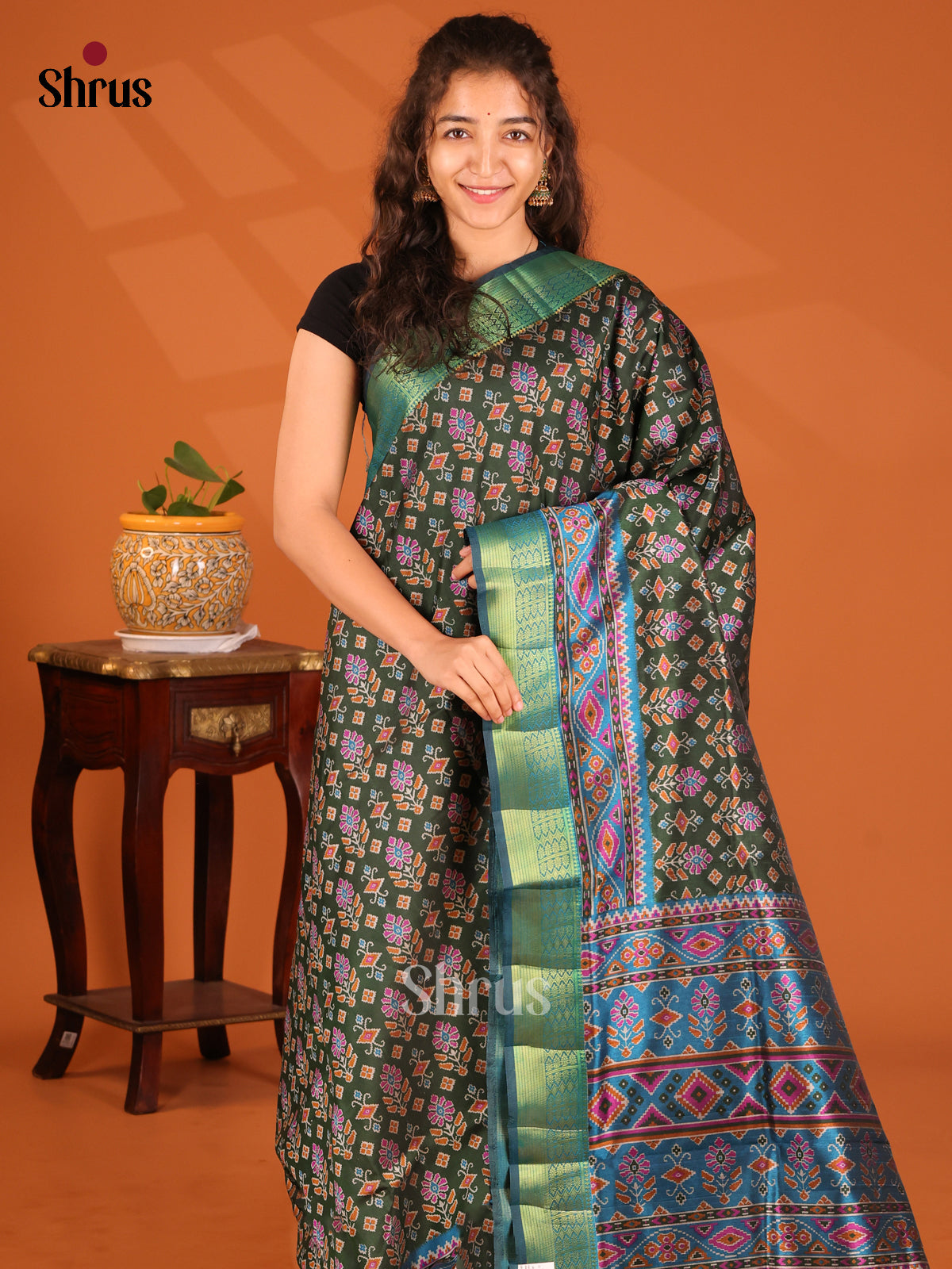 Dark Green with Blue - Semi Patola Saree - Shop on Shrus.com