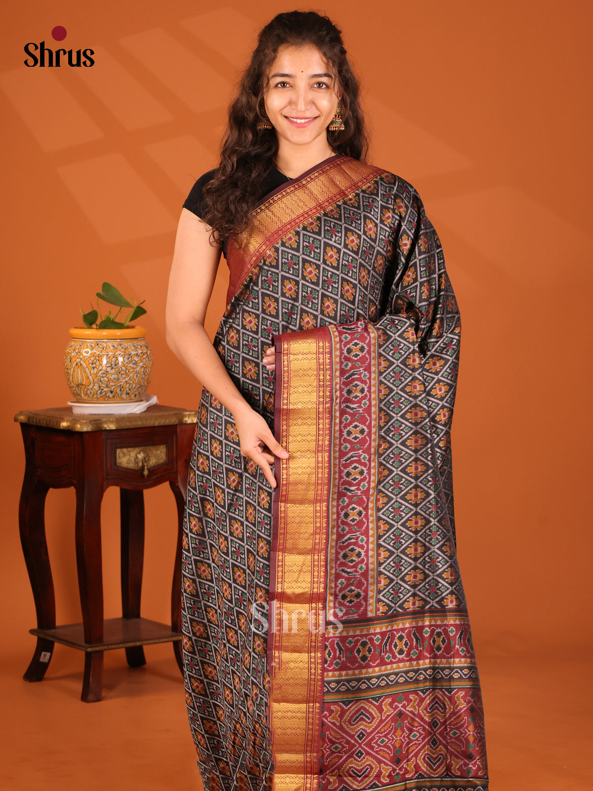 Grey & Maroon- Semi Patola Saree - Shop on Shrus.com
