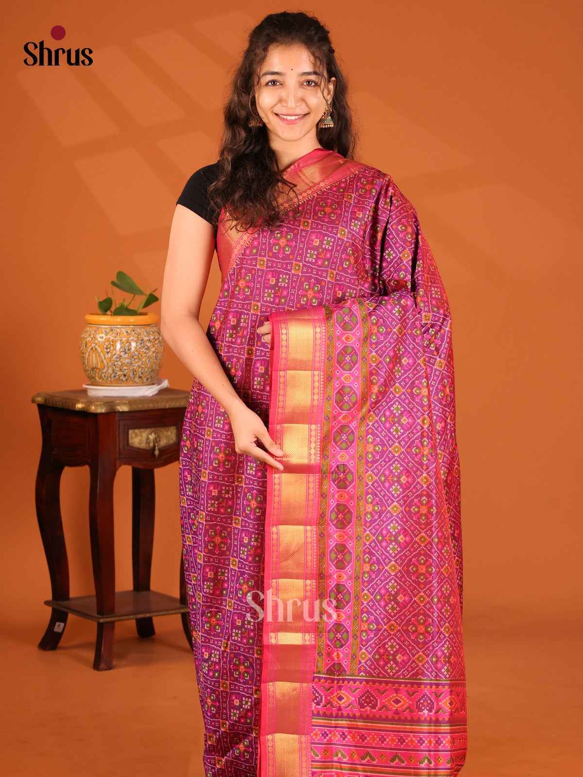Purple with Pink- Semi Patola Saree - Shop on Shrus.com