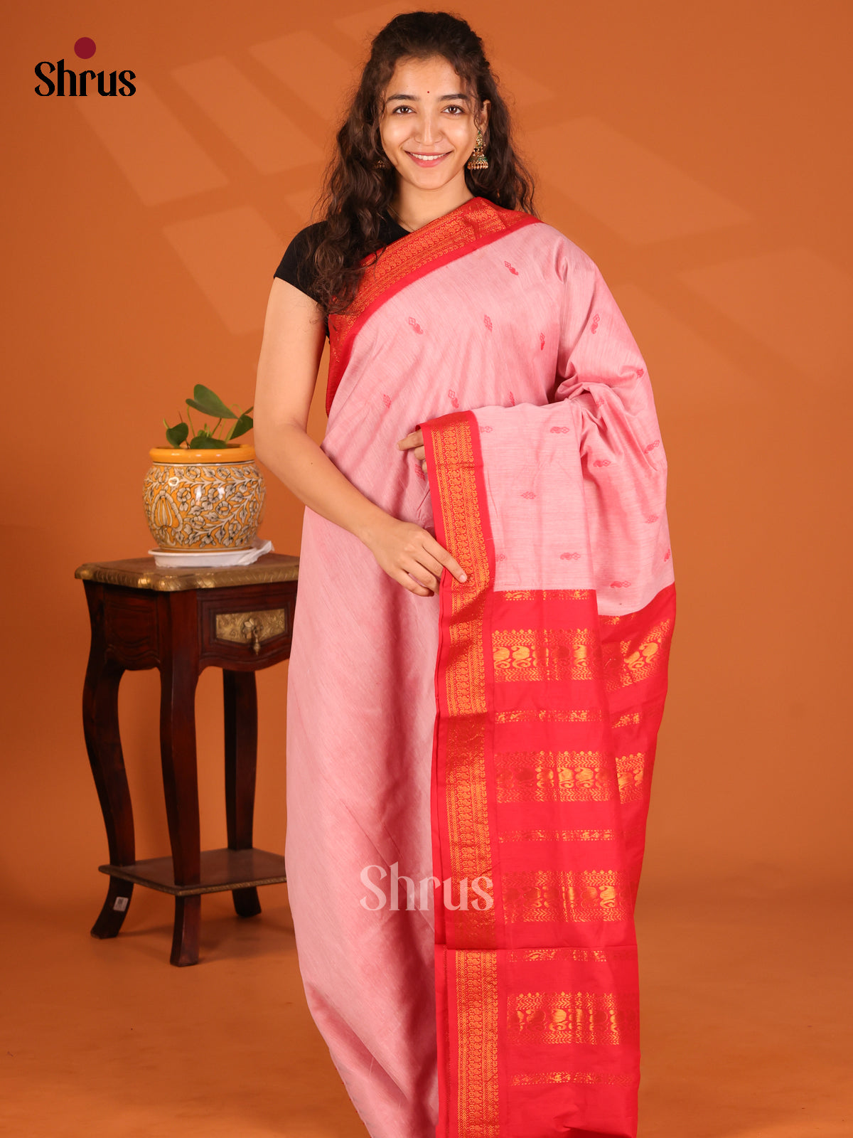 Pretty Pink Kalyani Cotton Saree with Buttas, Red Zari Border & Pallu - Shop on Shrus.com