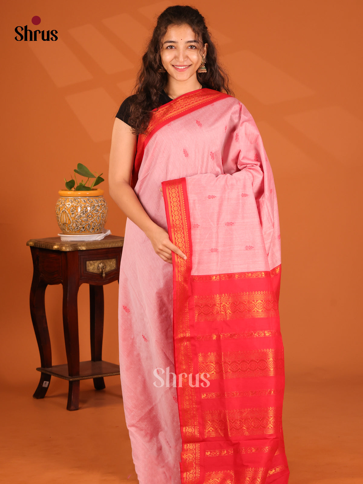 Charming Pink Kalyani Cotton Saree with Red Zari Border & Pallu - Shop on Shrus.com