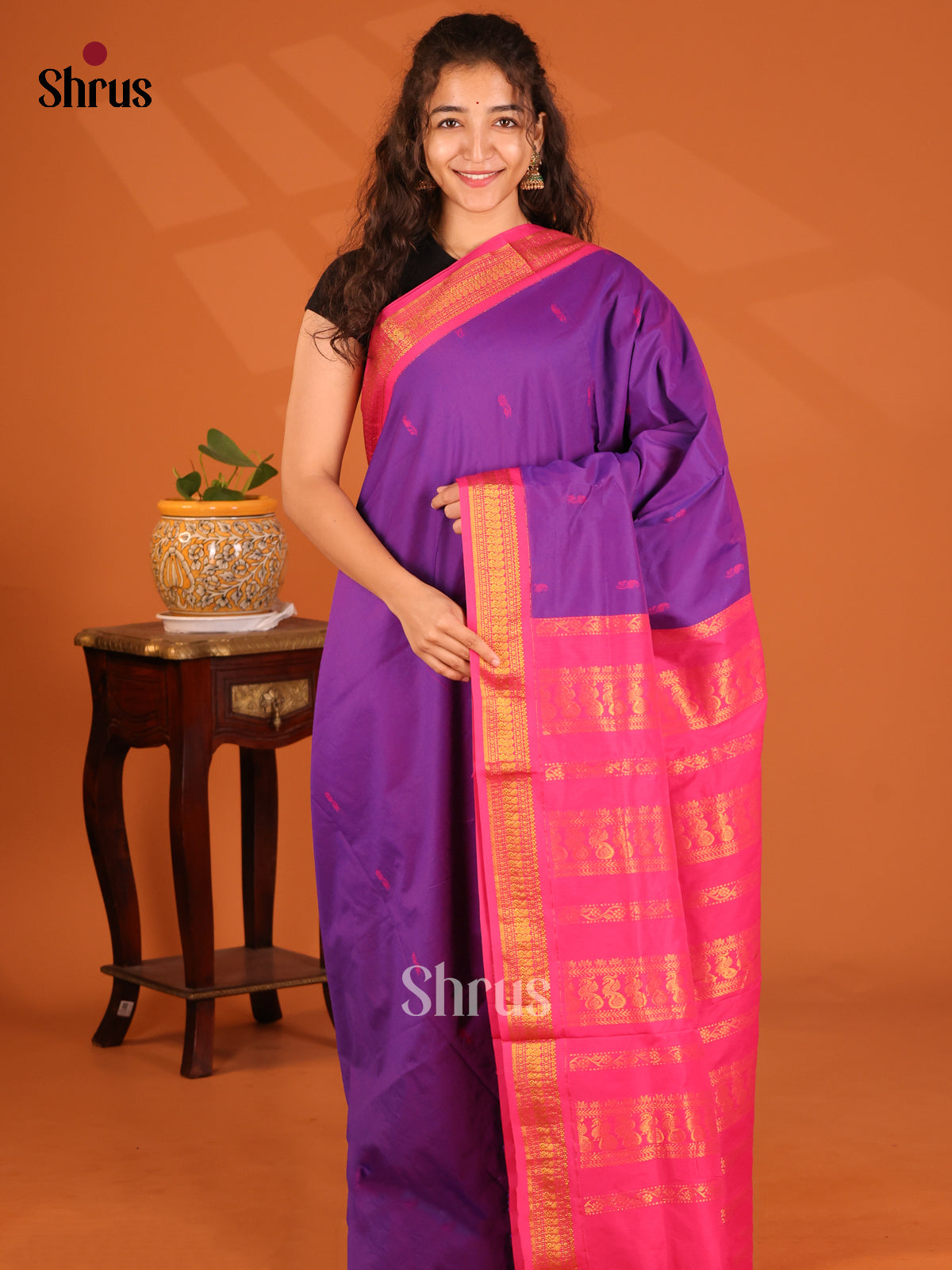 Chic Violet Kalyani Cotton Saree with Pink Zari Pallu & Border - Shop on Shrus.com