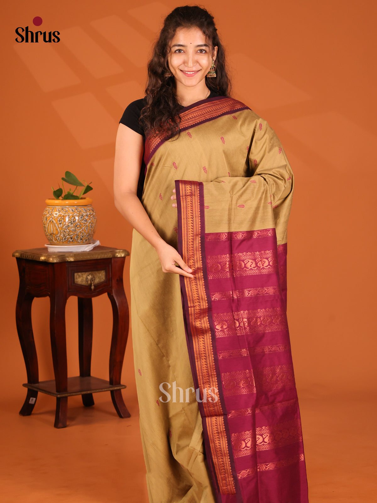 Enchanting Beige Kalyani Cotton Saree with Maroon Zari Border & Pallu - Shop on Shrus.com