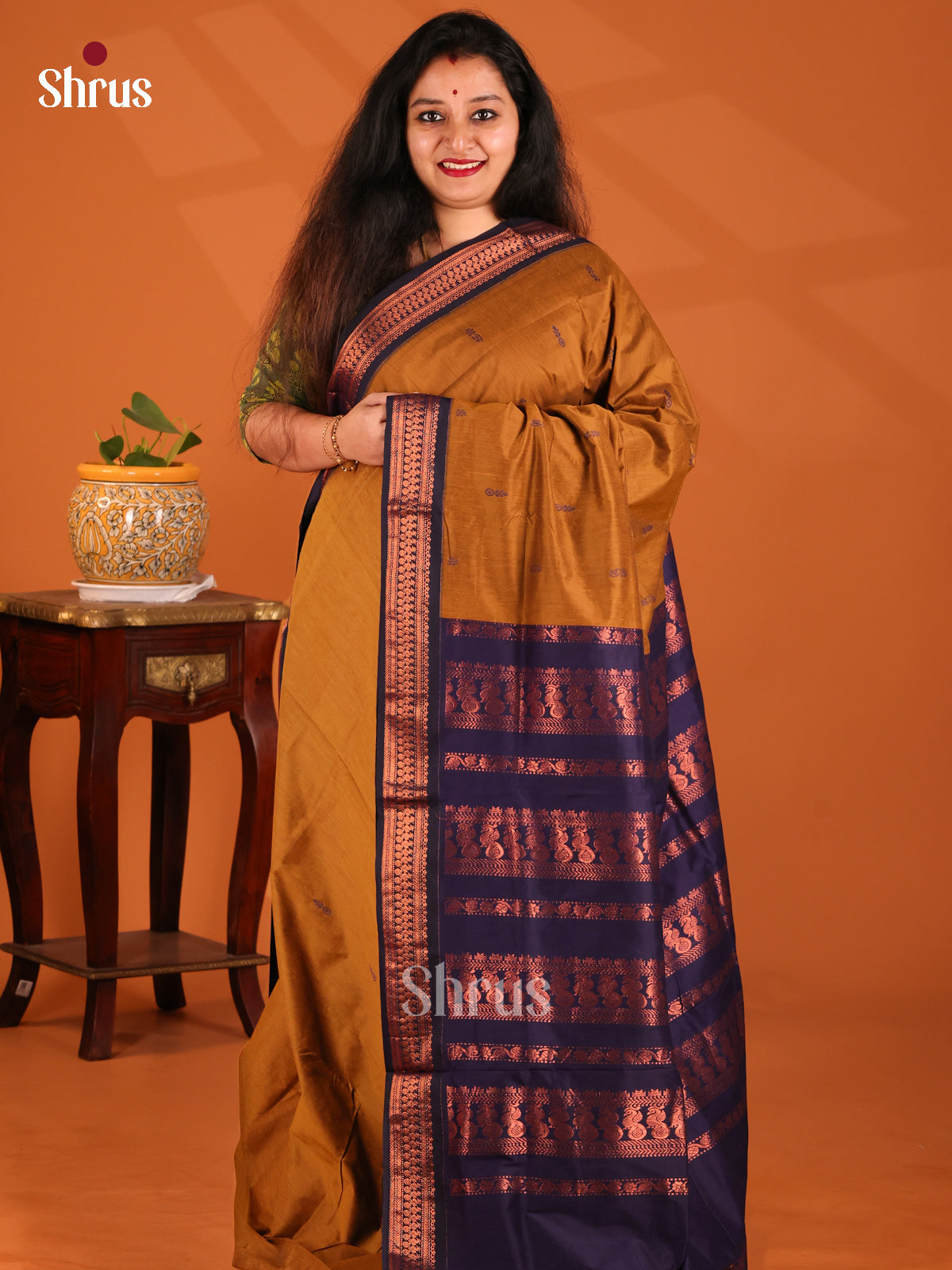 Mustard with Blue- Kalyani Cotton Saree - Shop on Shrus.com