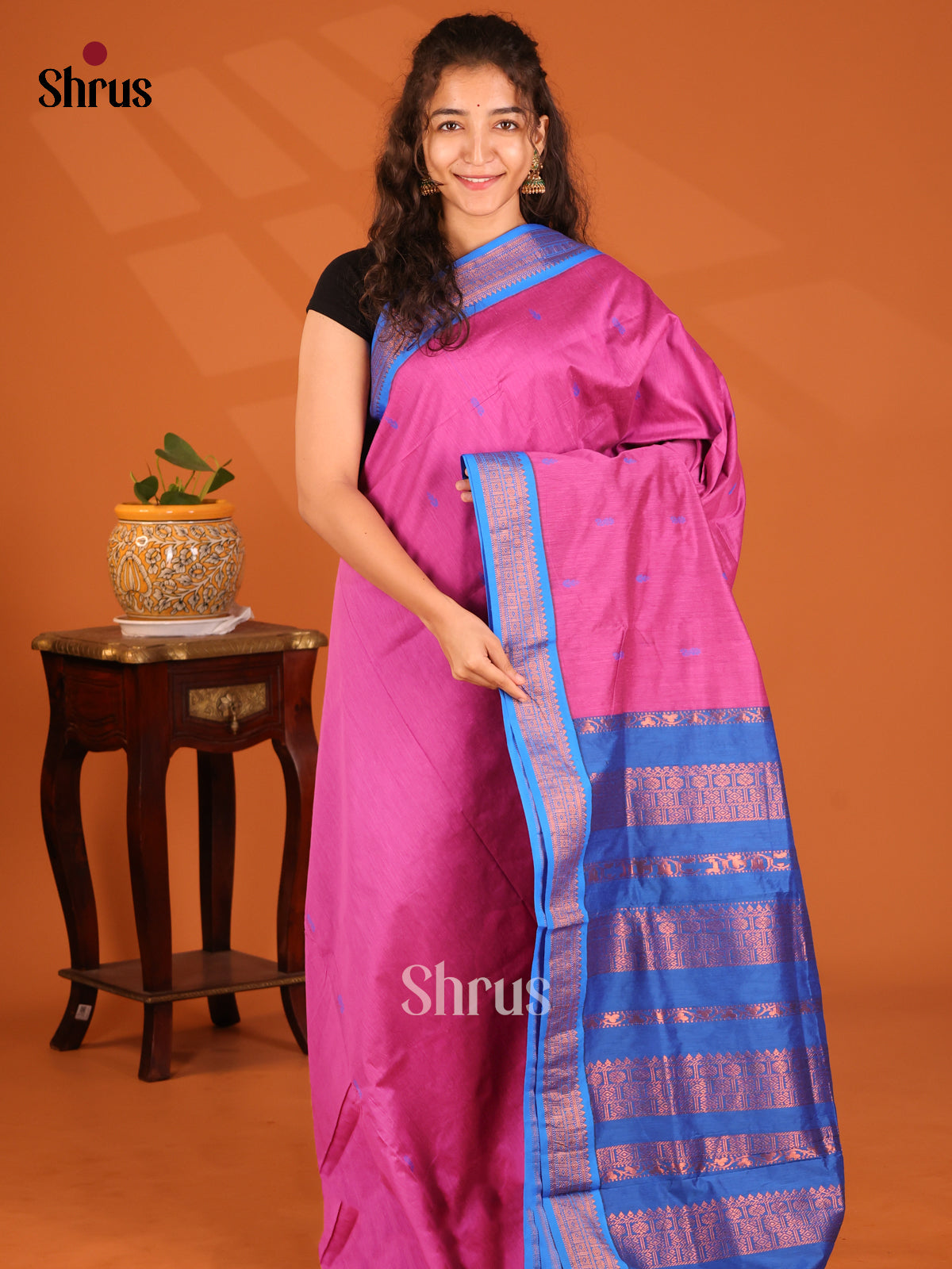 Cute Pink Kalyani Cotton Saree with Buttas, Blue Zari woven Border & Pallu - Shop on Shrus.com