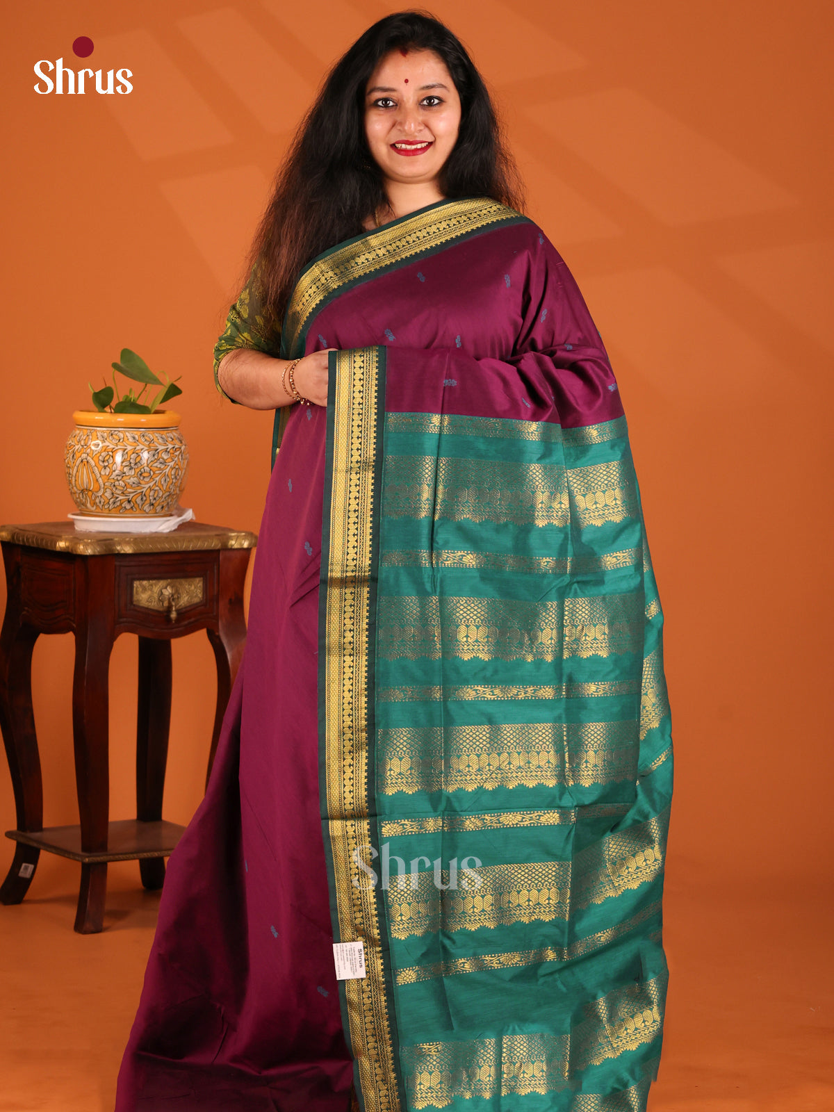 Maroon with Green- Kalyani Cotton Saree - Shop on Shrus.com
