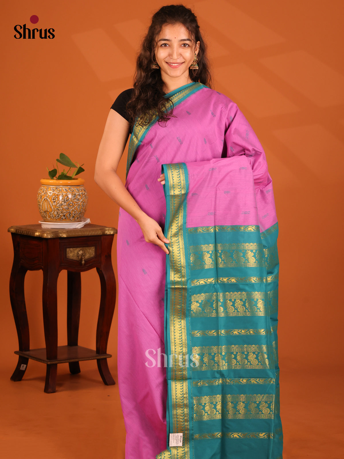 Charming Pink & Green Kalyani Cotton Saree With Buttas & Zari Woven Pallu - Shop on Shrus.com