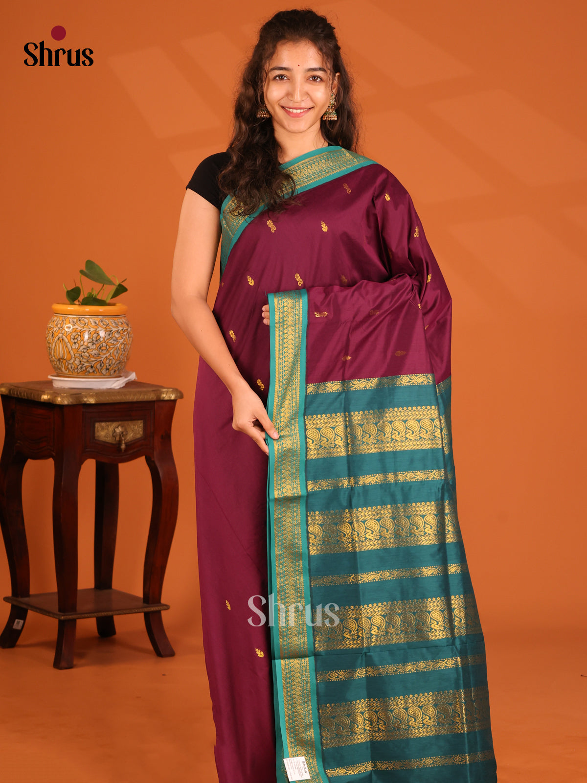 Timeles Maroon Kalyani Cotton Saree with Green Zari Pallu & Border - Shop on Shrus.com