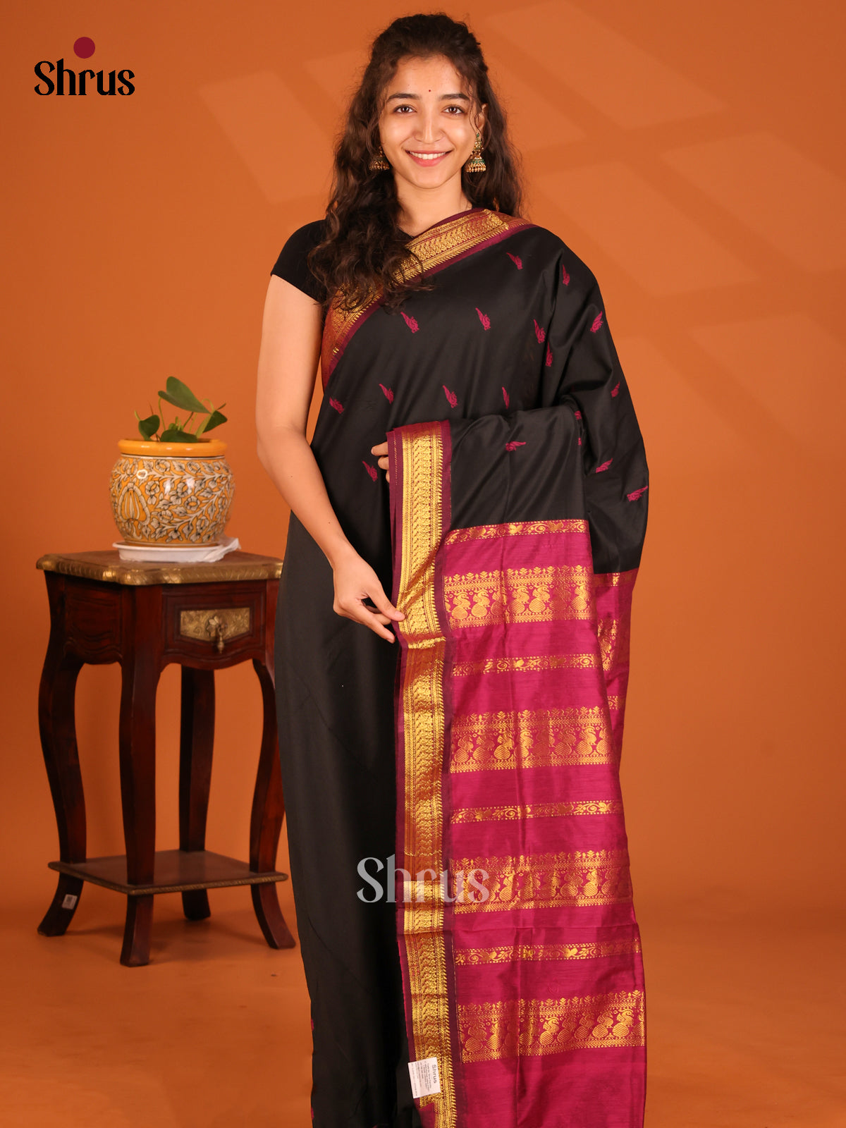 Bold Black Kalyani Cotton Saree with Thread Woven Buttas, Maroon Zari Pallu & Border - Shop on Shrus.com