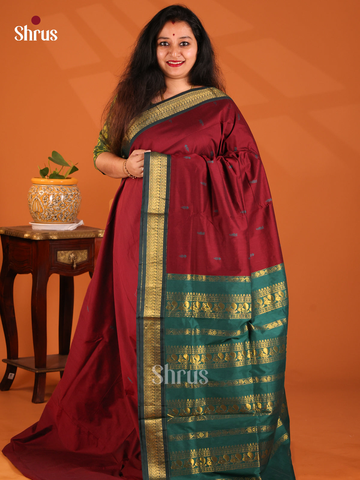 Maroon with Green- Kalyani Cotton Saree - Shop on Shrus.com
