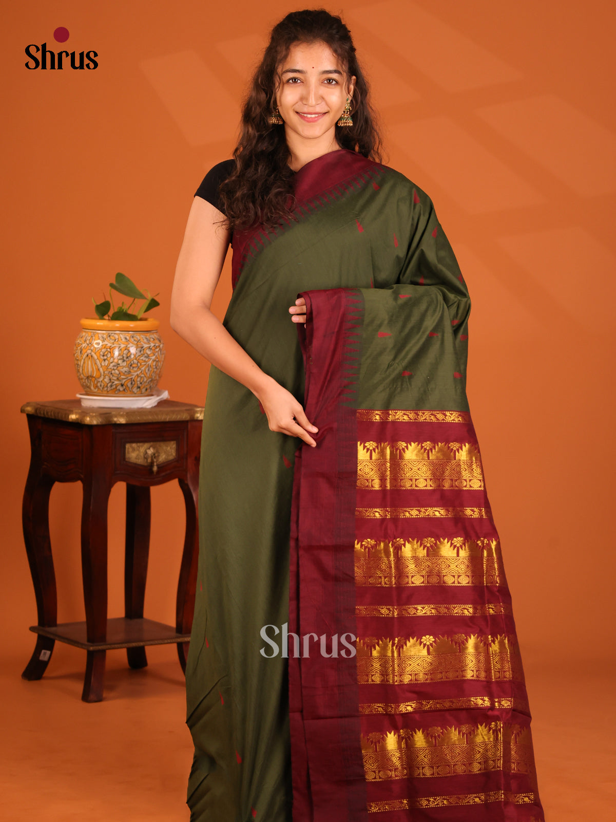 Majestic Green Kalyani Cotton Saree with Buttas, Maroon Zari Border & Pallu - Shop on Shrus.com