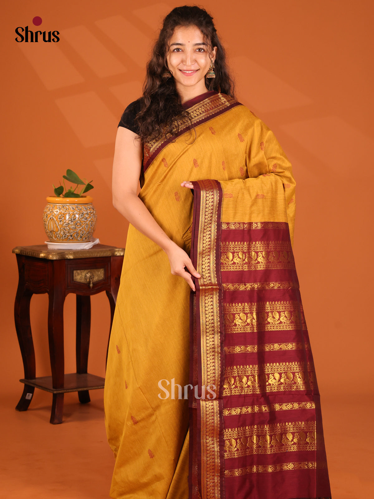 Lustrous Mustard Kalyani Cotton Saree with Maroon Zari Border & Pallu - Shop on Shrus.com