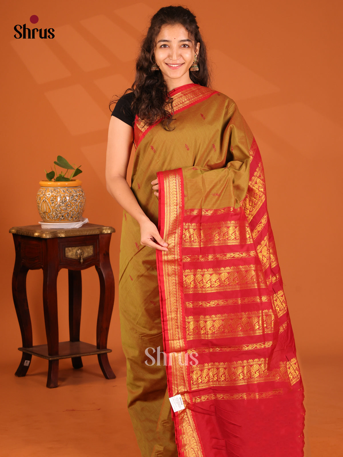 Elegant Mustard Kalyani Cotton Saree with Buttas, Red Zari Border & Pallu - Shop on Shrus.com