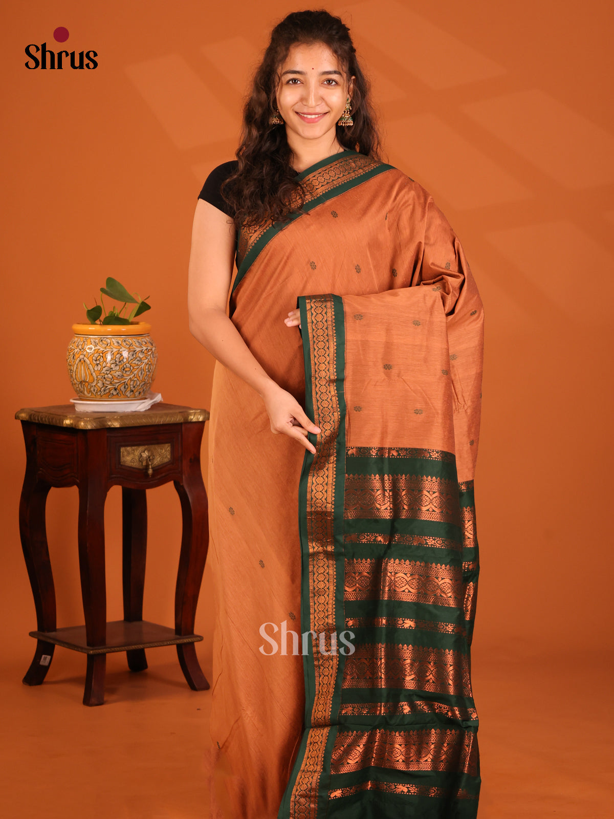 Brown with Green- Kalyani Cotton Saree - Shop on Shrus.com