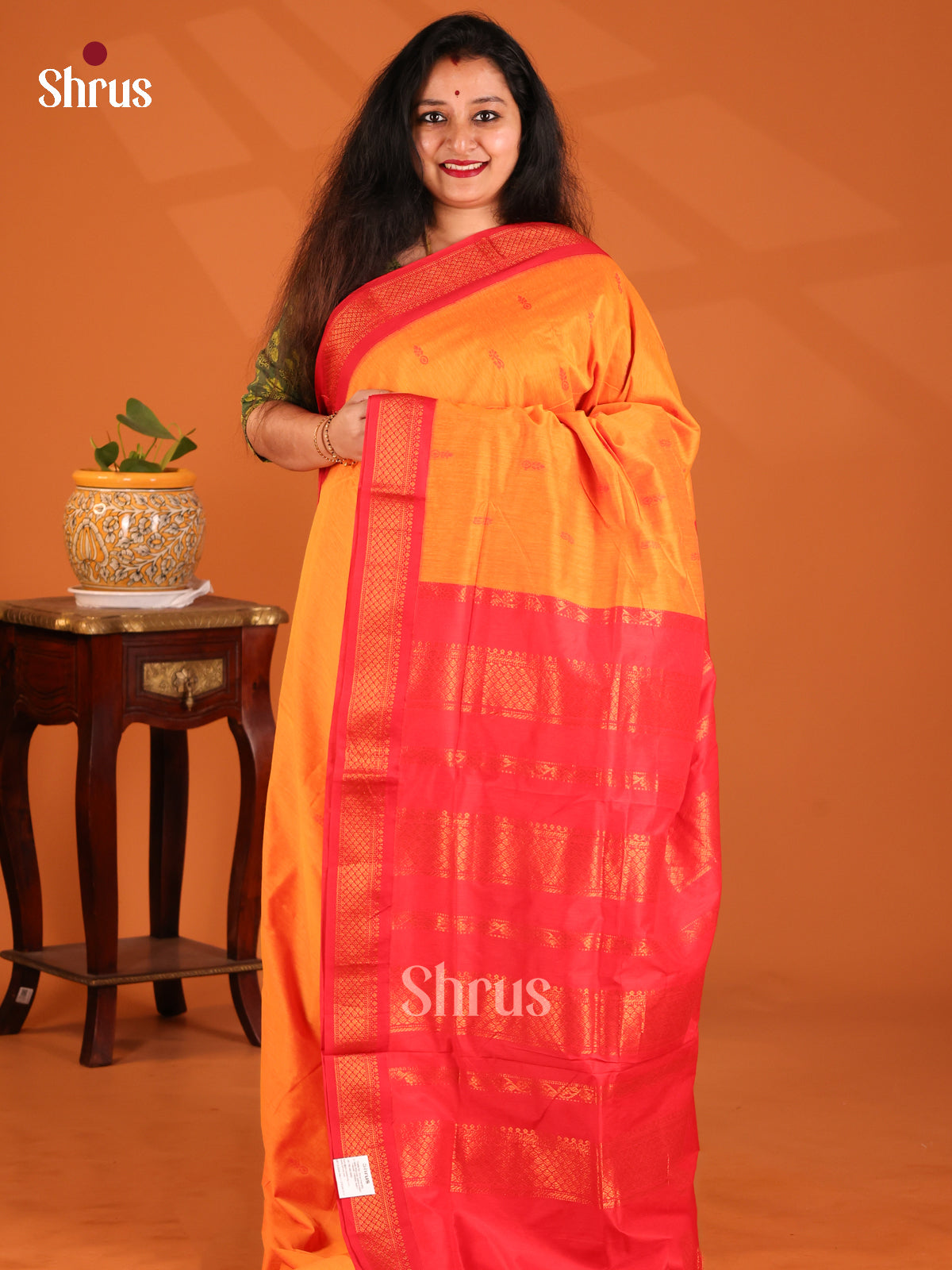 Orange with Red- Kalyani Cotton Saree - Shop on Shrus.com