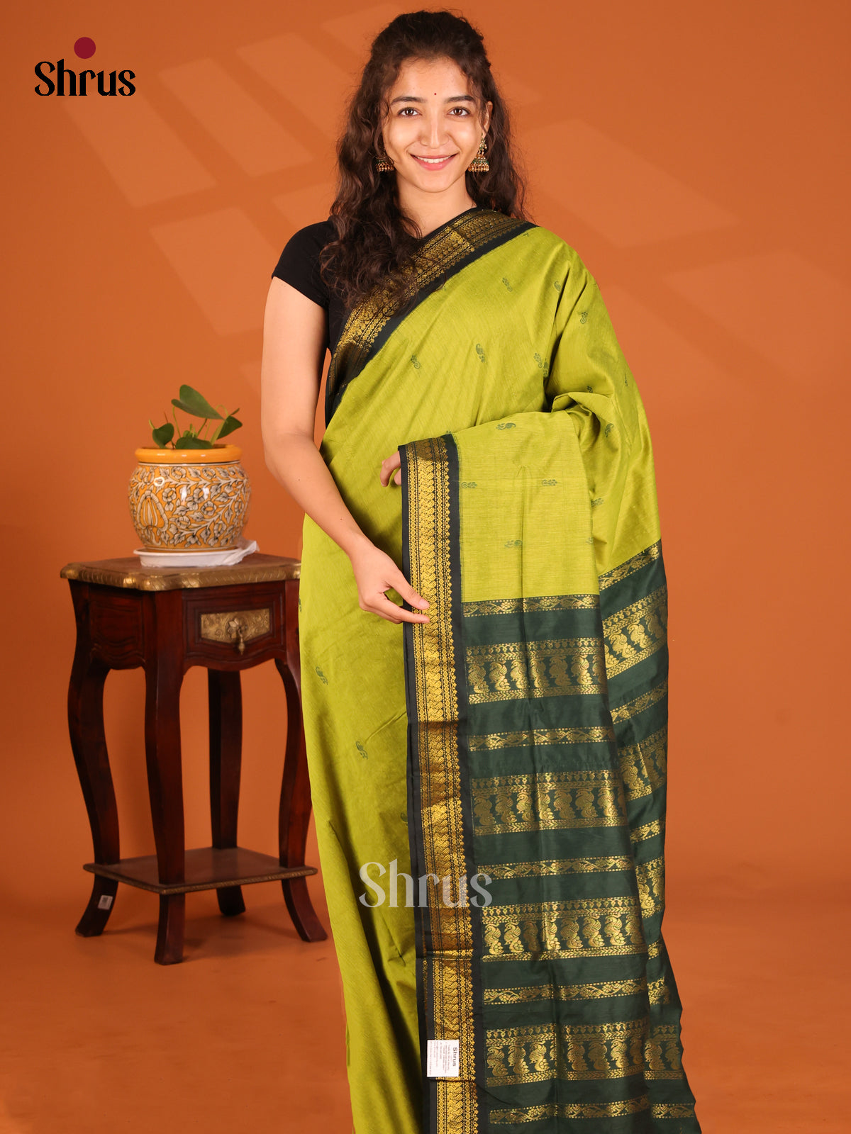 Pretty Light Green Kalyani Cotton Saree with Green Zari Border & Pallu - Shop on Shrus.com