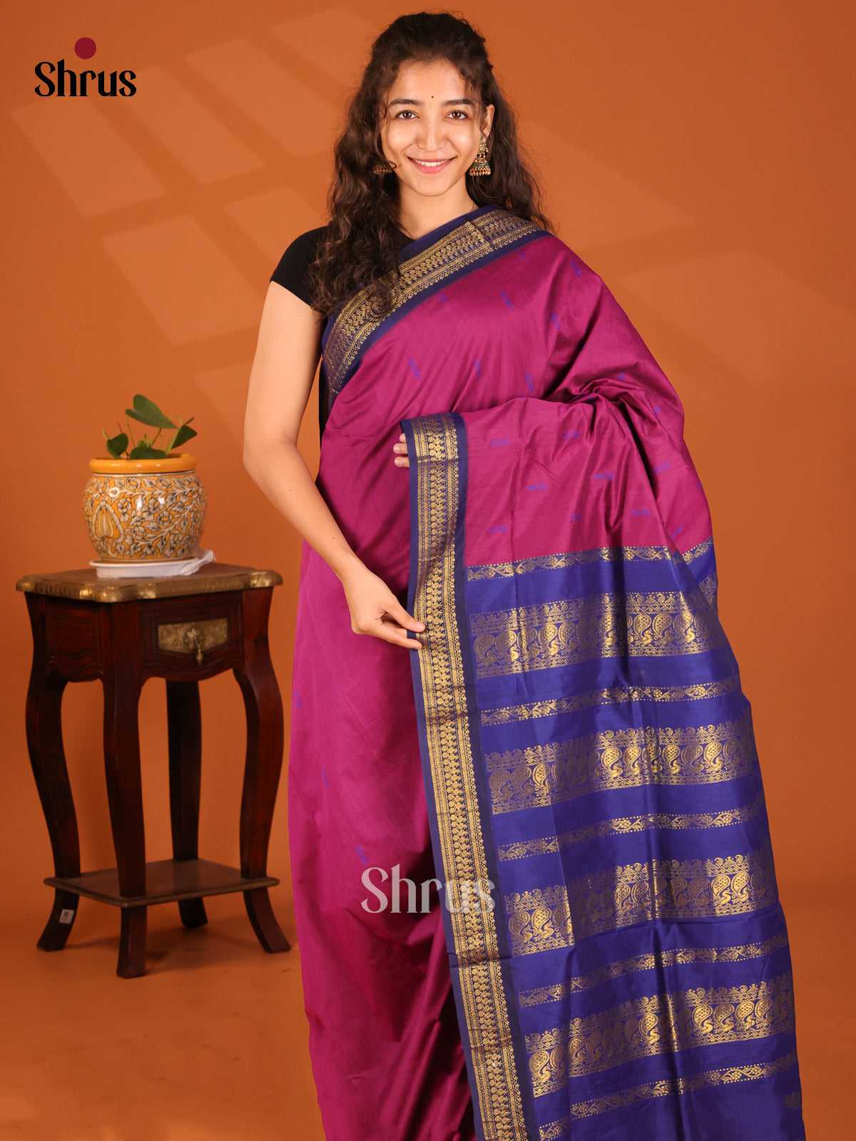Pretty Purple Kalyani Cotton Saree with Blue Zari Pallu & Border - Shop on Shrus.com