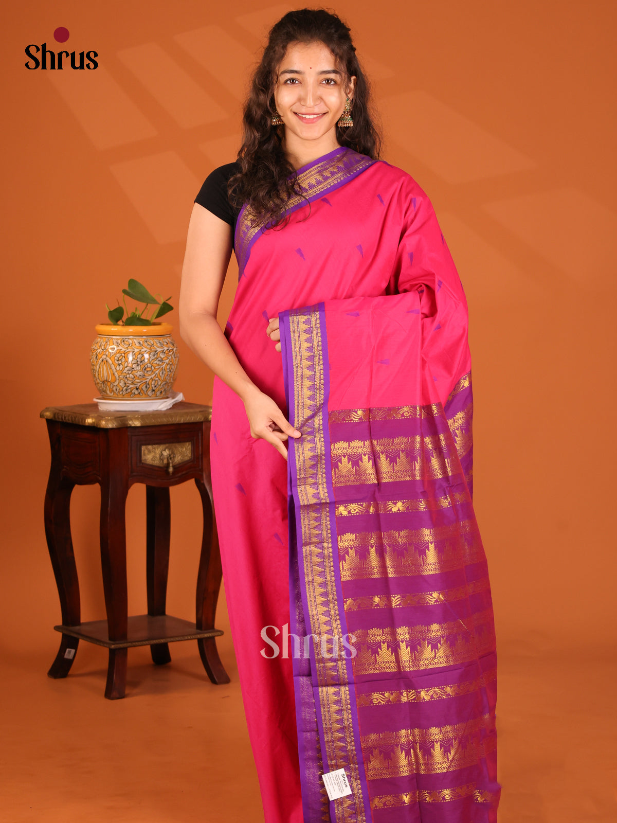 Chic Pink & Violet Kalyani Cotton Saree With Thread Buttas & Zari Woven Border - Shop on Shrus.com