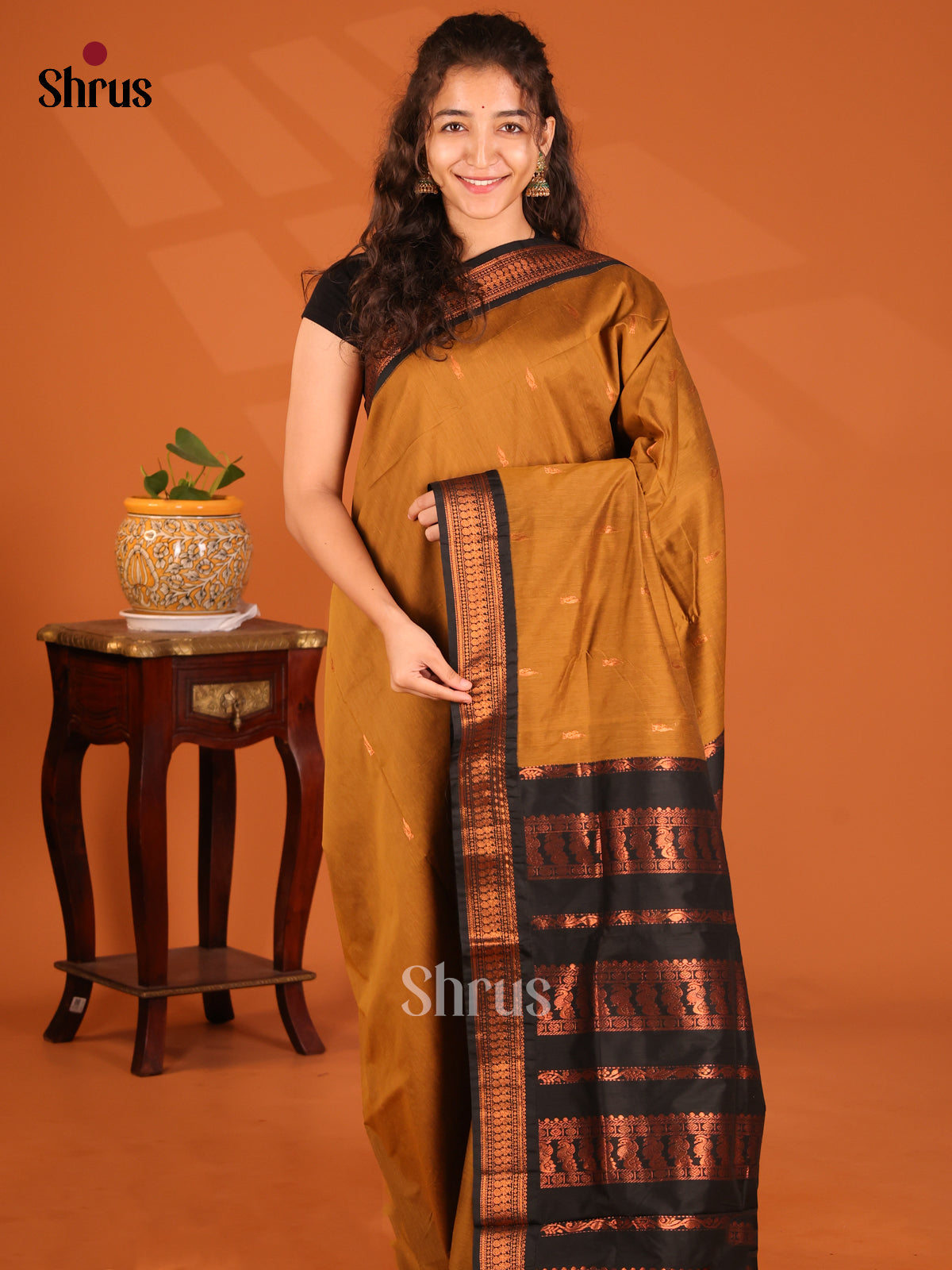 Elegant Mustard Kalyani Cotton Saree with Green Zari Border & Pallu - Shop on Shrus.com