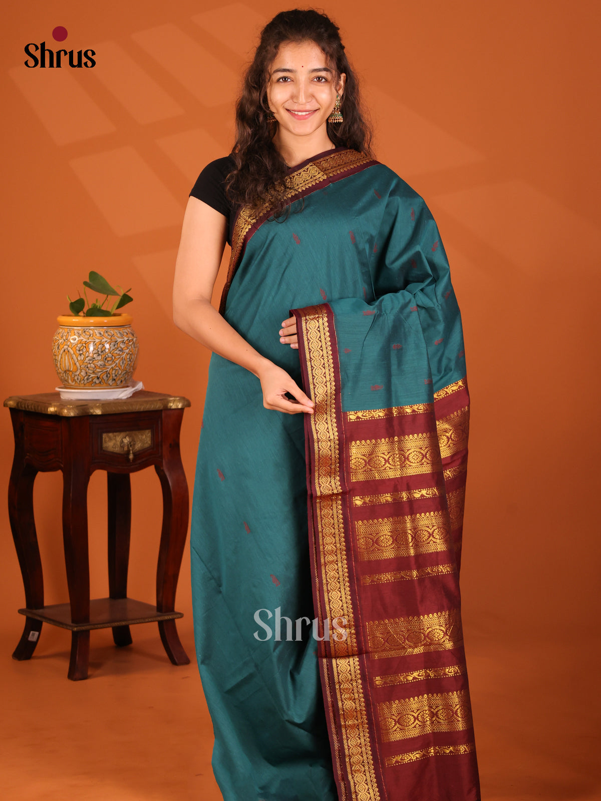 Exquisite Blue Kalyani Cotton Saree with Maroon Zari Pallu & Border - Shop on Shrus.com