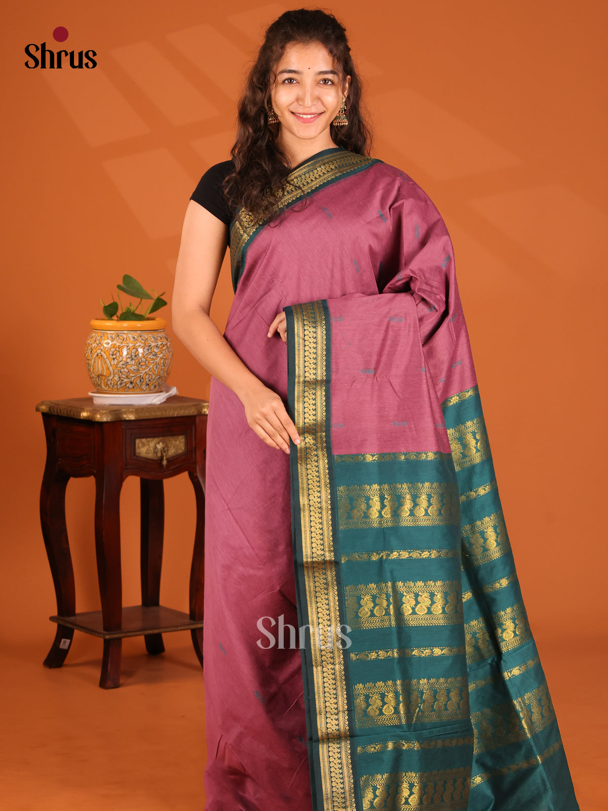 Pink with Green - Kalyani Cotton Saree - Shop on Shrus.com