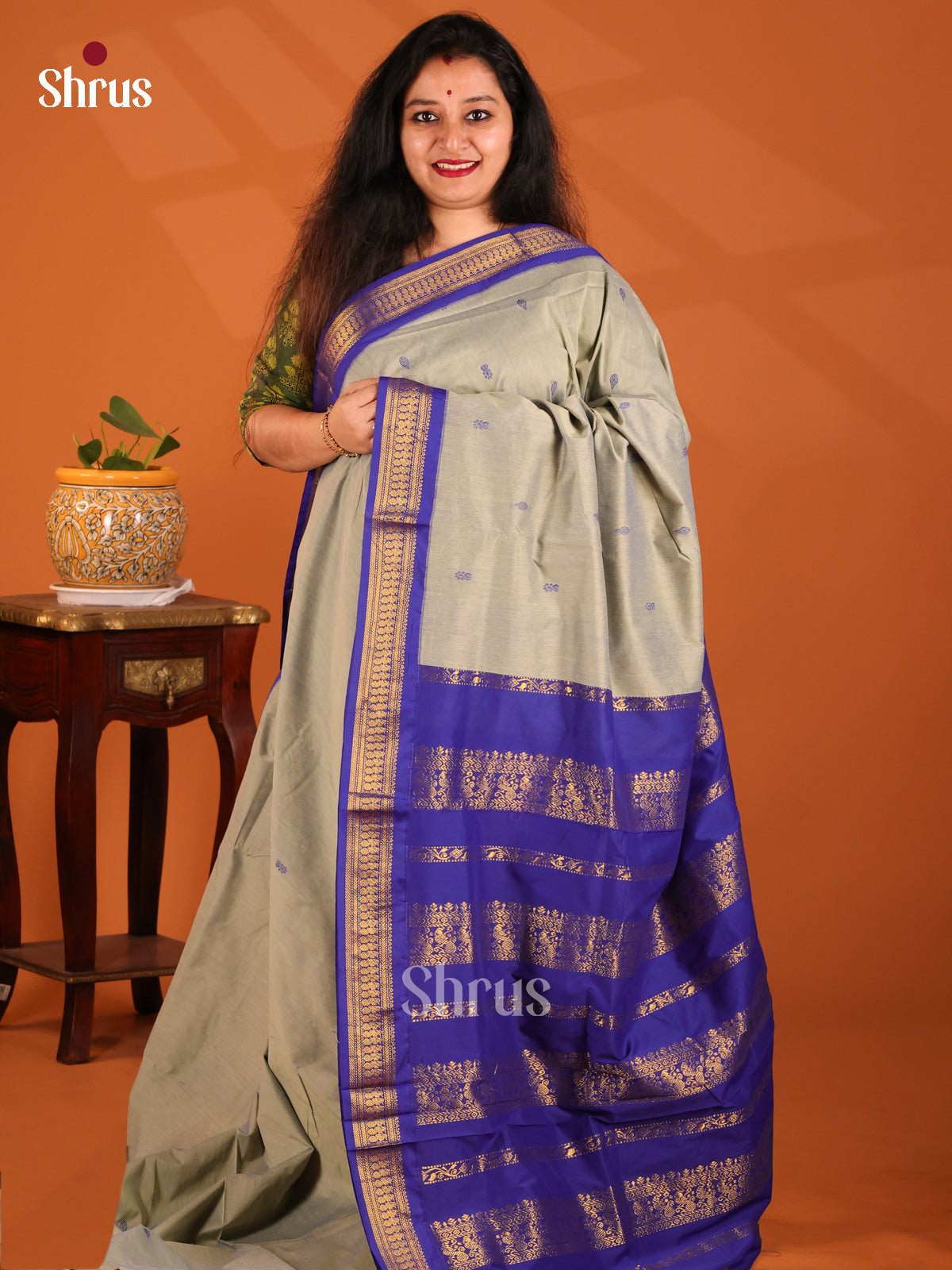 Grey with Blue- Kalyani Cotton Saree - Shop on Shrus.com
