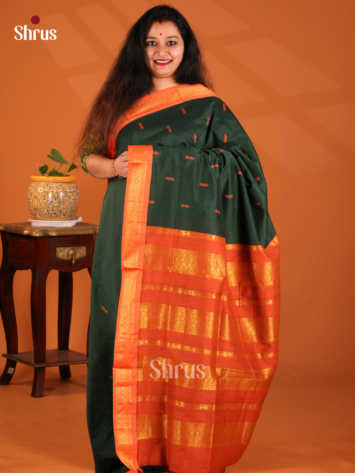 Green with Orange- Kalyani Cotton Saree - Shop on Shrus.com