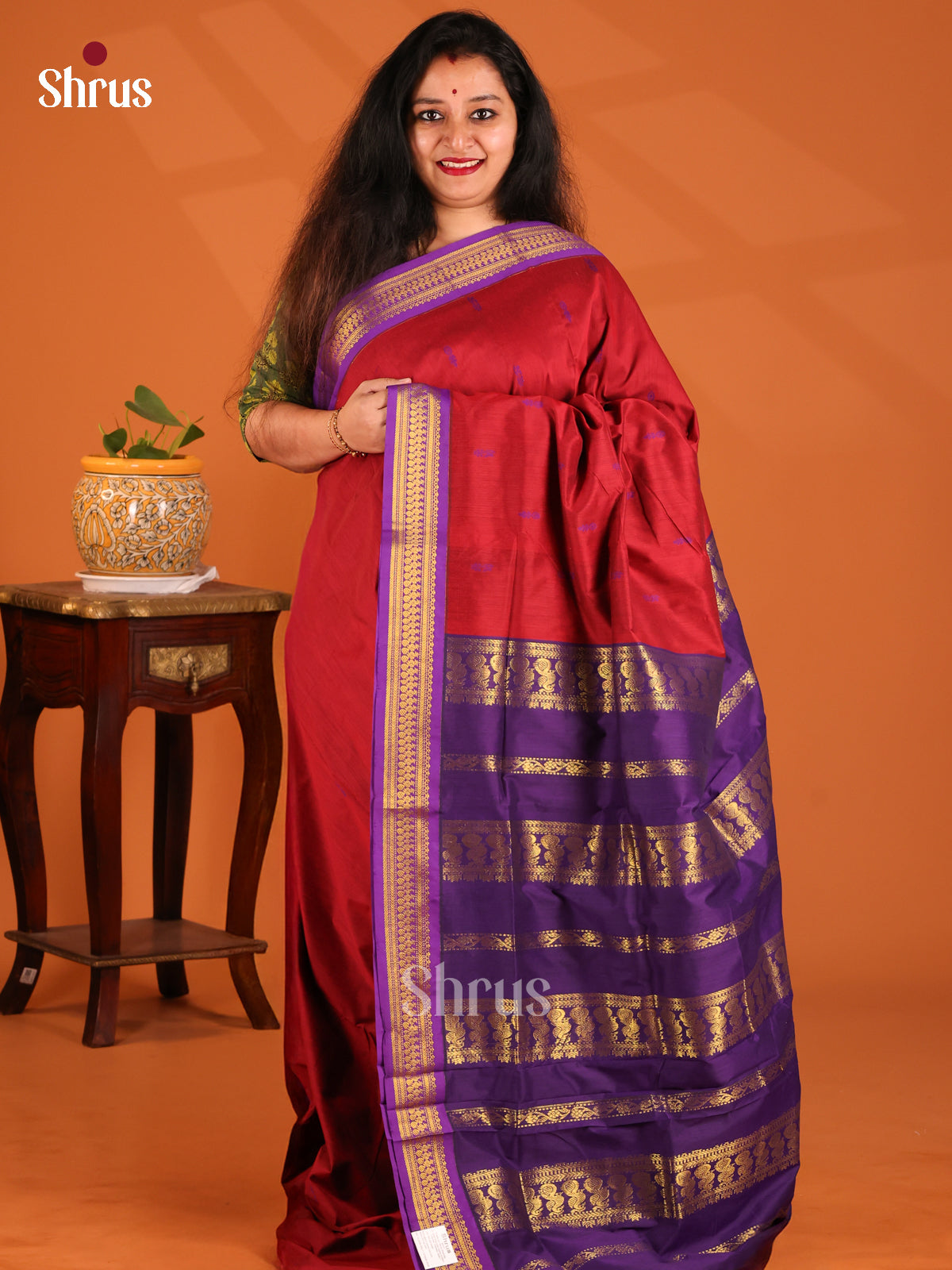 Red with Violet- Kalyani Cotton Saree - Shop on Shrus.com